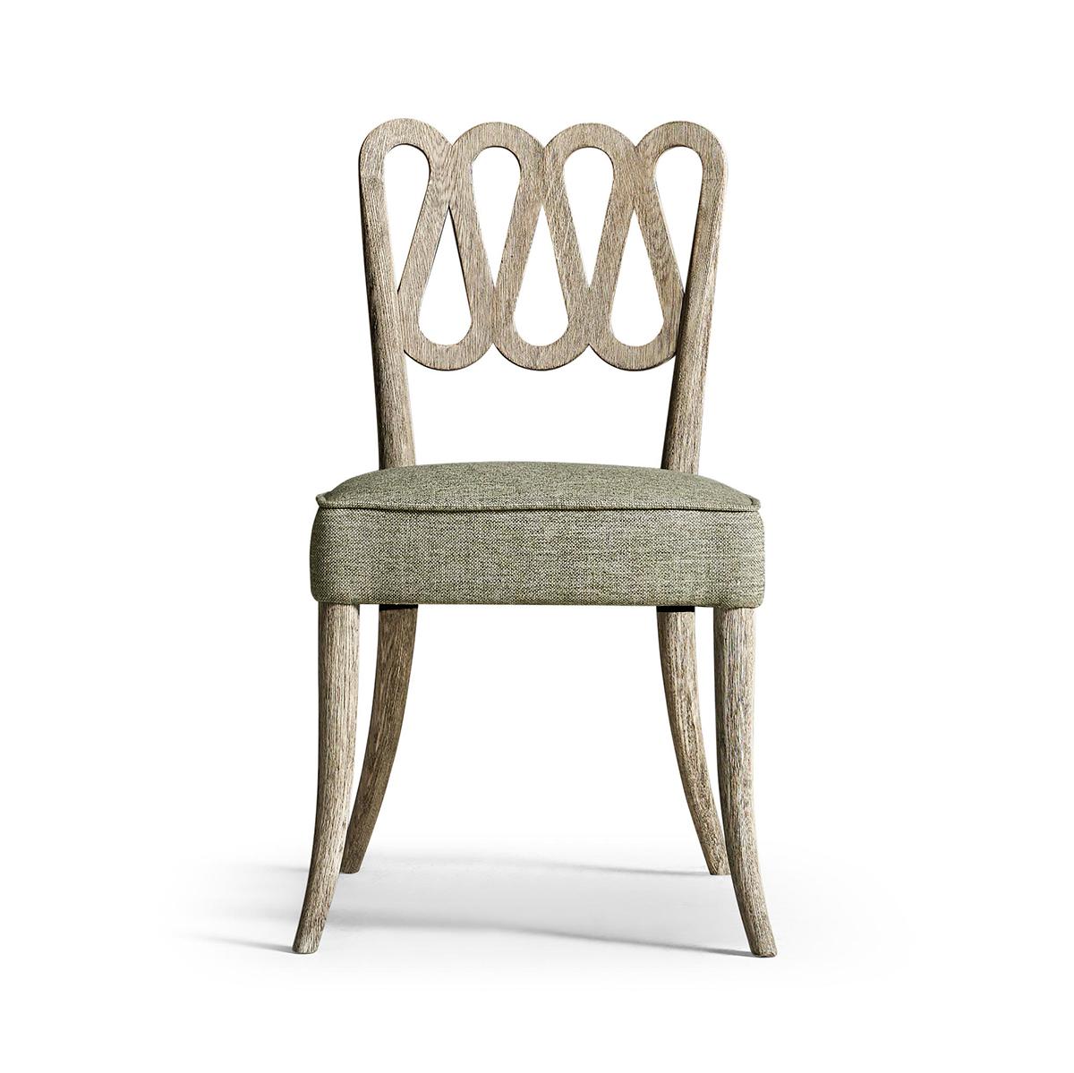A stunning embodiment of sophistication and modern design. Crafted from high-quality solid oak, this chair showcases a washed grey oak finish, beautifully exposing the natural texture and grain of the wood. Its unique silhouette and elegantly curved