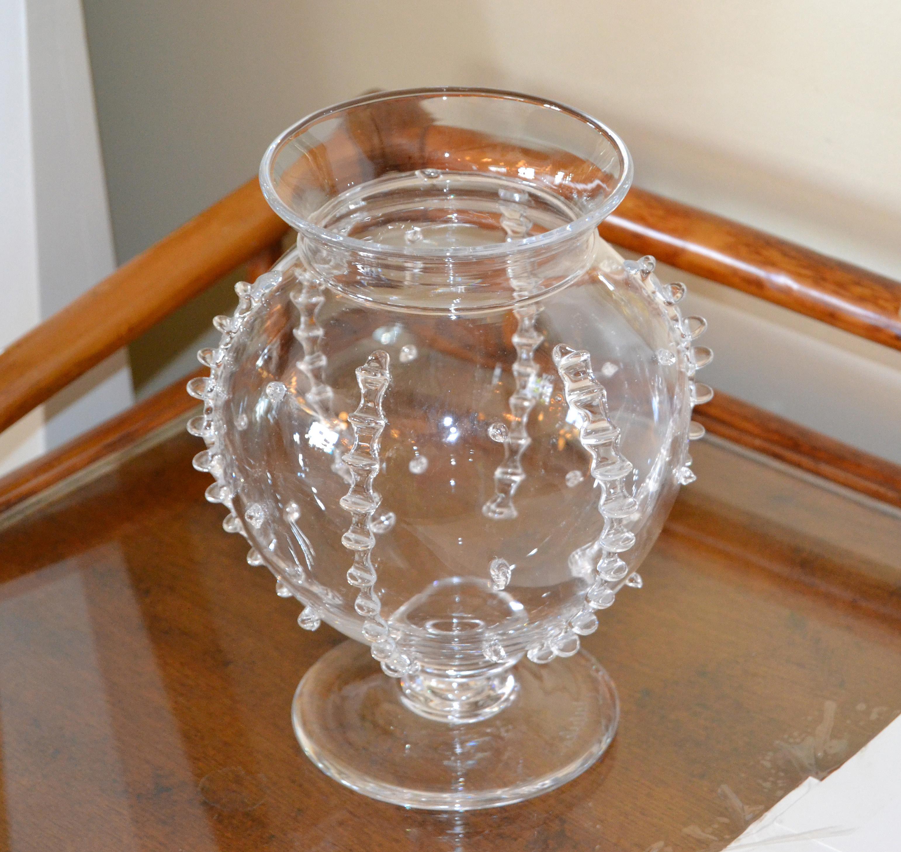 European Modern Signed Juliska Blown Glass Flower Footed Vase Czech Republic In Good Condition In Miami, FL