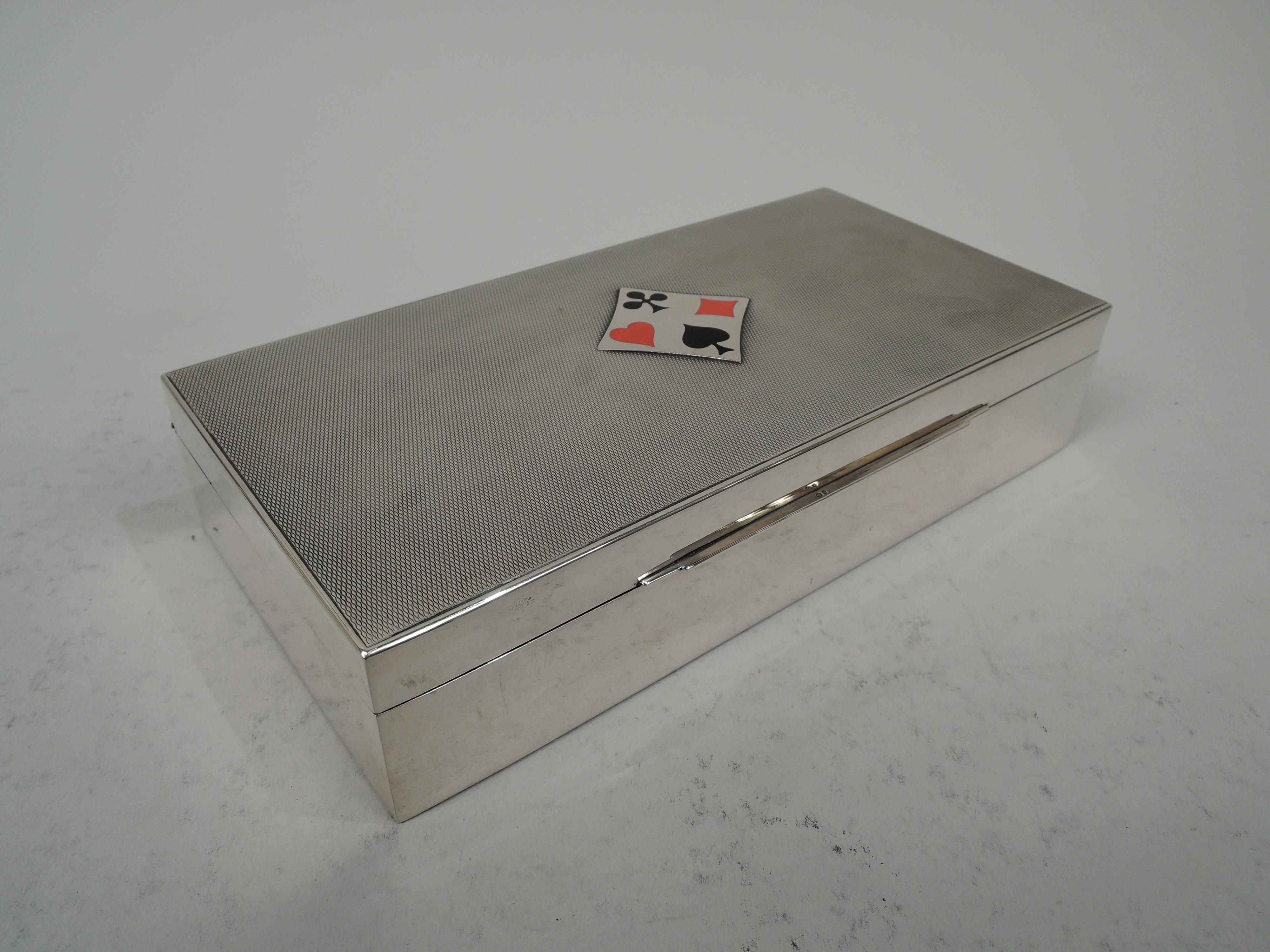 Art Deco European Modern Silver Playing Card Box with Enameled Suits