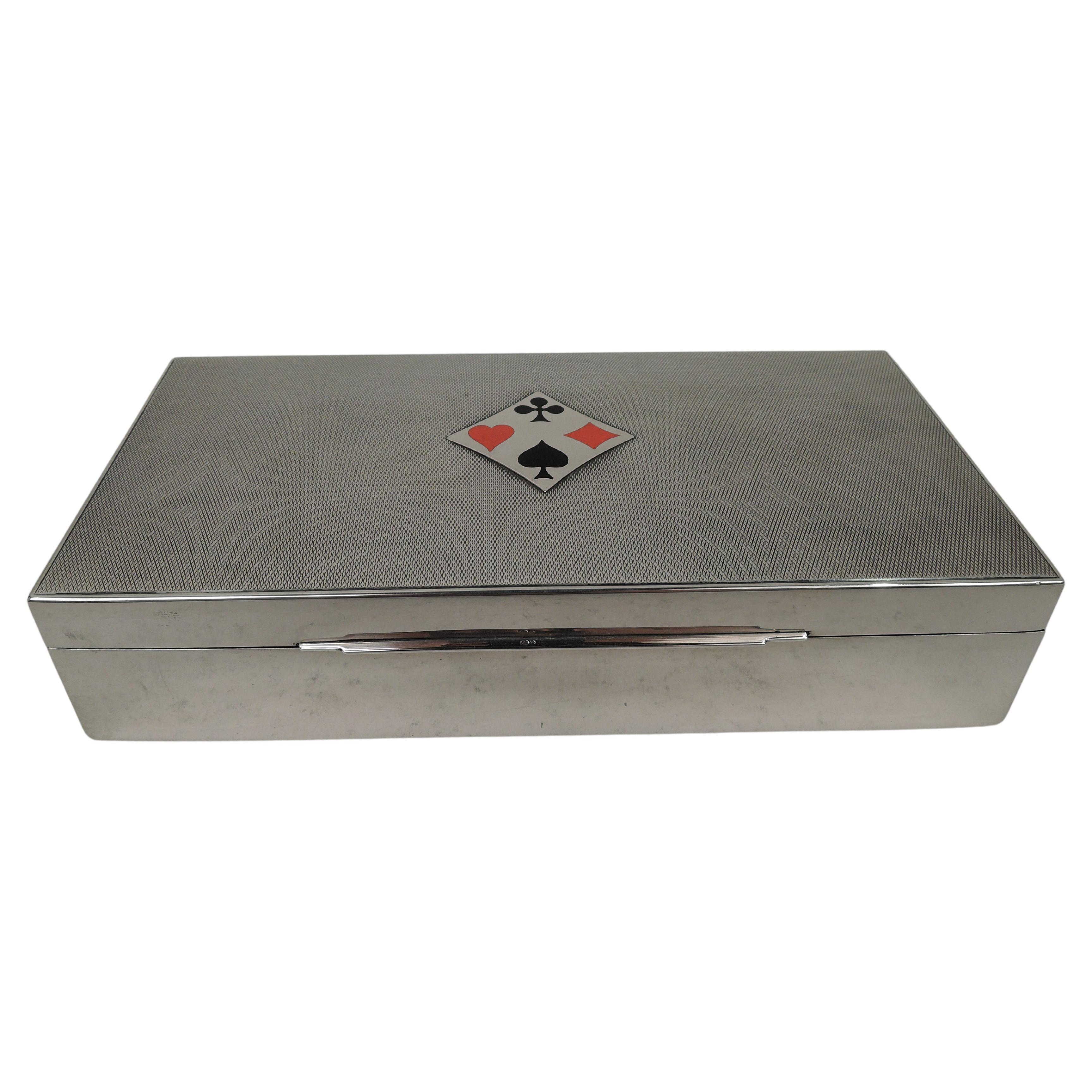 European Modern Silver Playing Card Box with Enameled Suits
