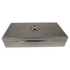 European Modern Silver Playing Card Box with Enameled Suits