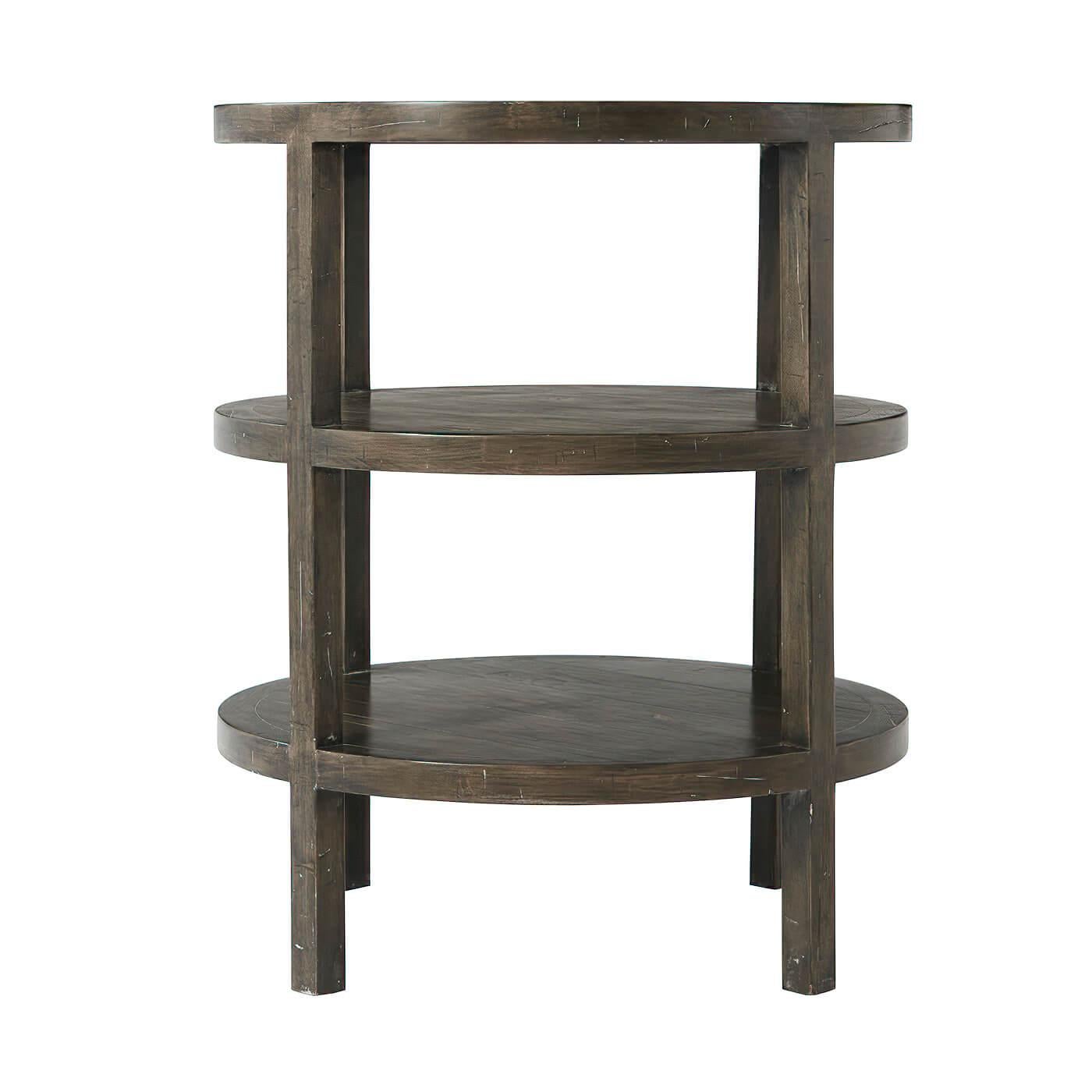 Modern three tier round lamp table with a weathered Cocoa finish.

Dimensions: 23
