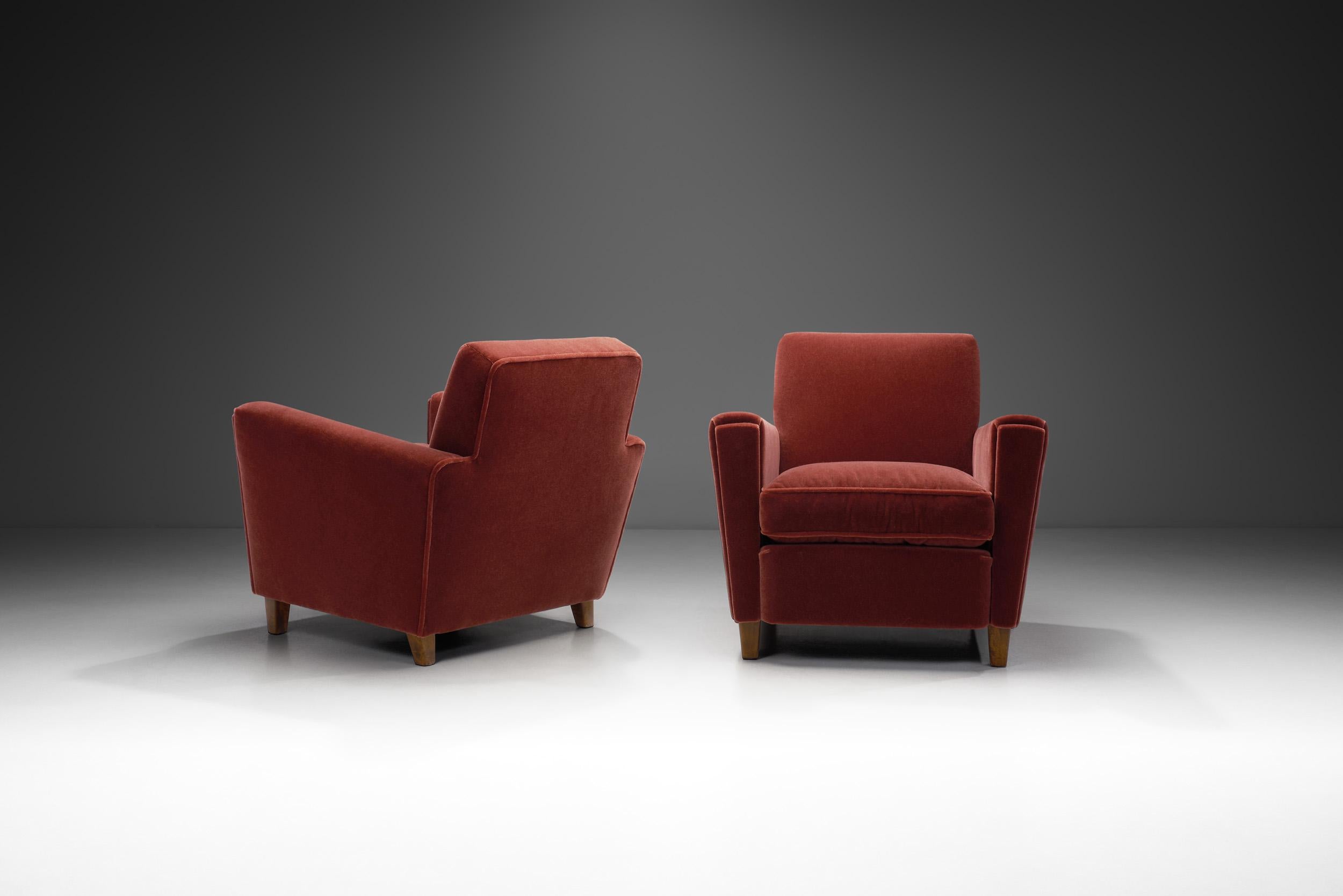 Mid-20th Century European Modern Upholstered Armchairs with Tapered Wood Feet, Europe, 1940s