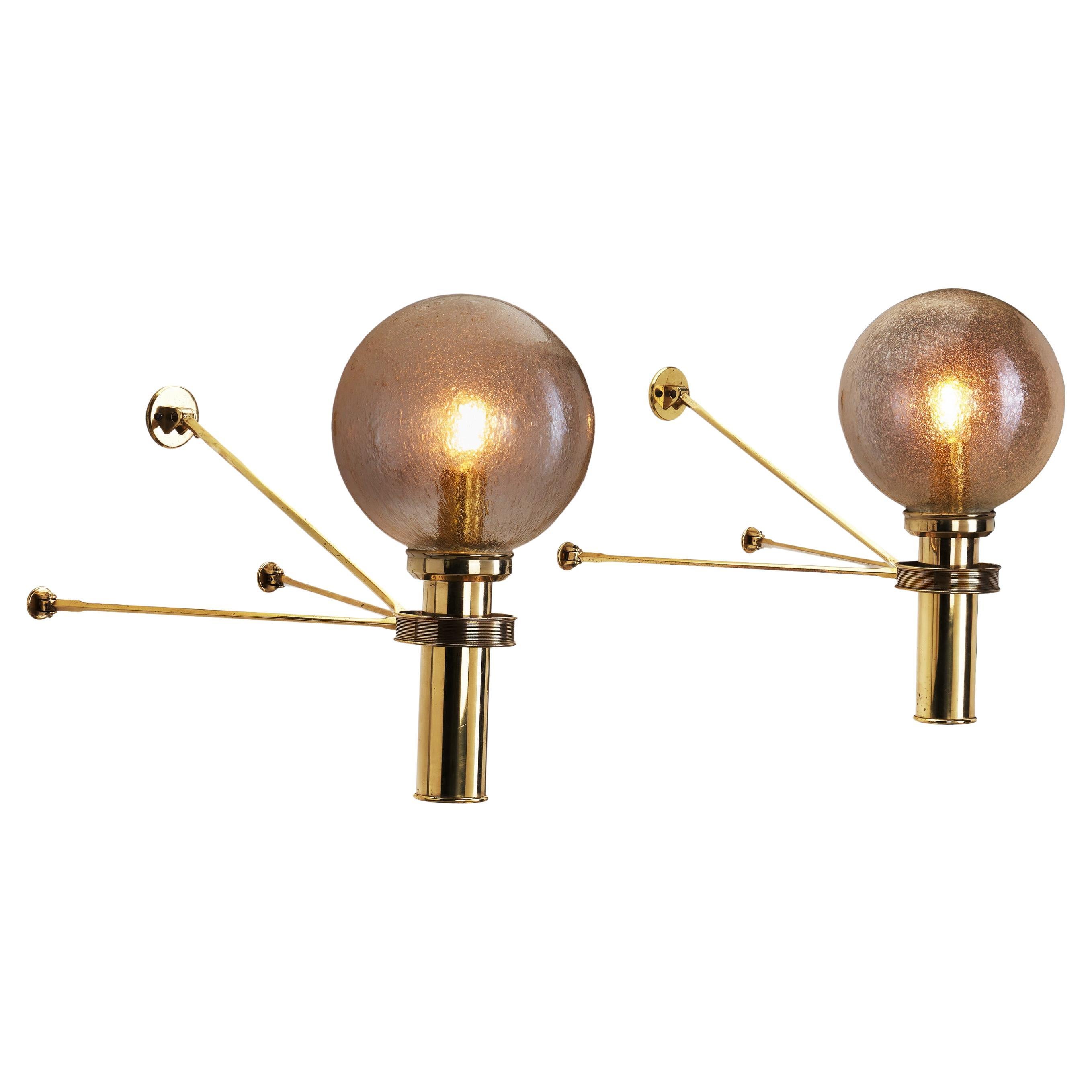 Large European Modern Wall Sconces in Brass & Bubble Glass, Europe, circa 1950s For Sale