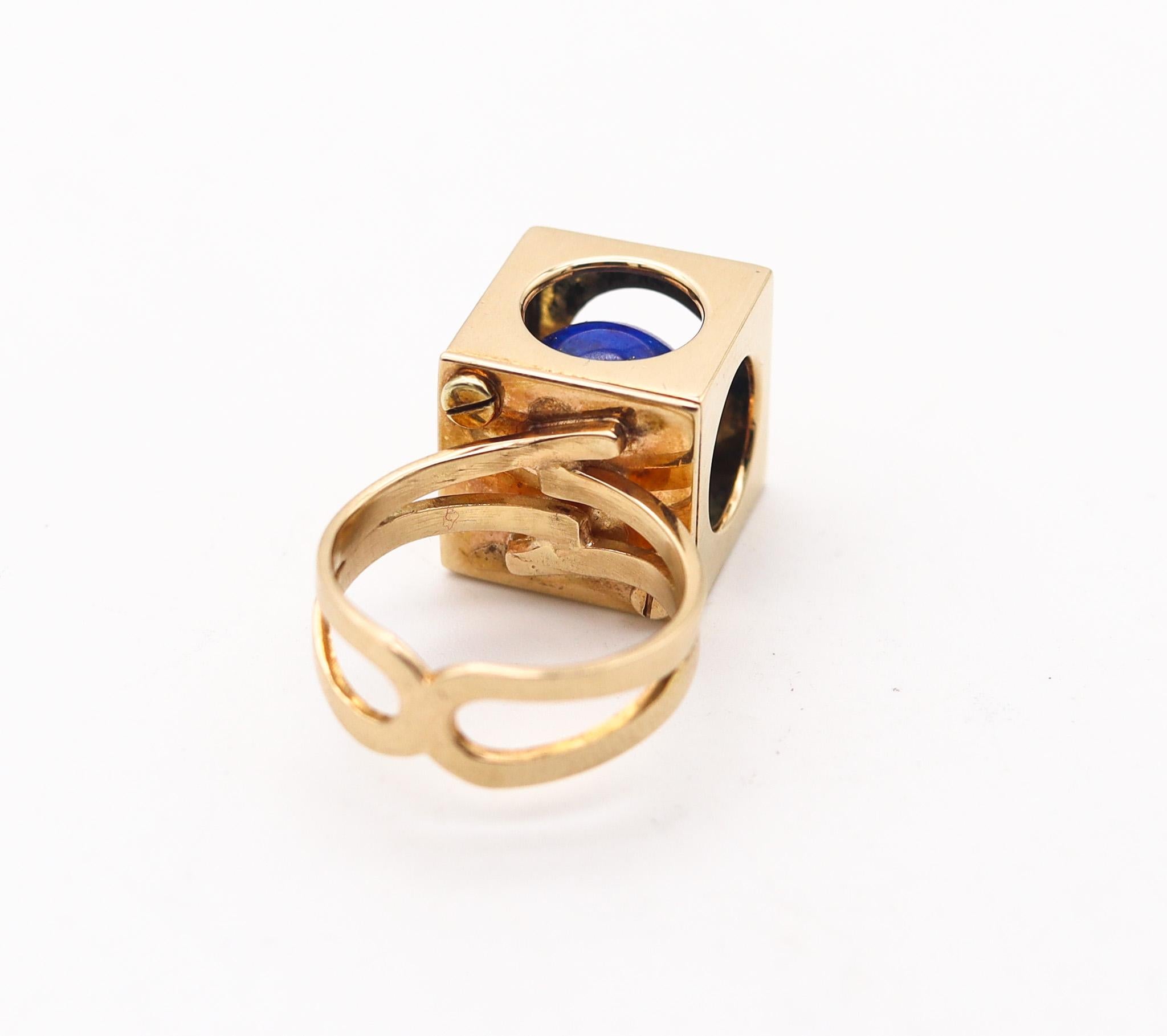 Bead European Modernist 1970 Sculptural Ring In 14Kt Yellow Gold With Lapis Lazuli