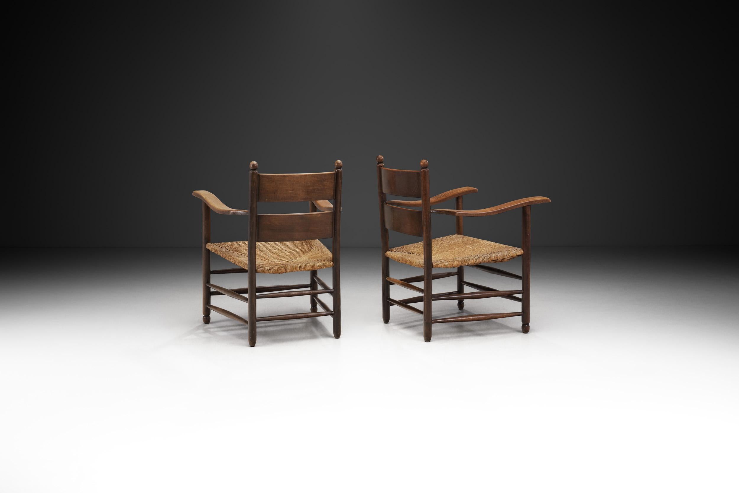 Mid-20th Century European Modernist Oak and Straw Armchairs, Europe, 1960s For Sale
