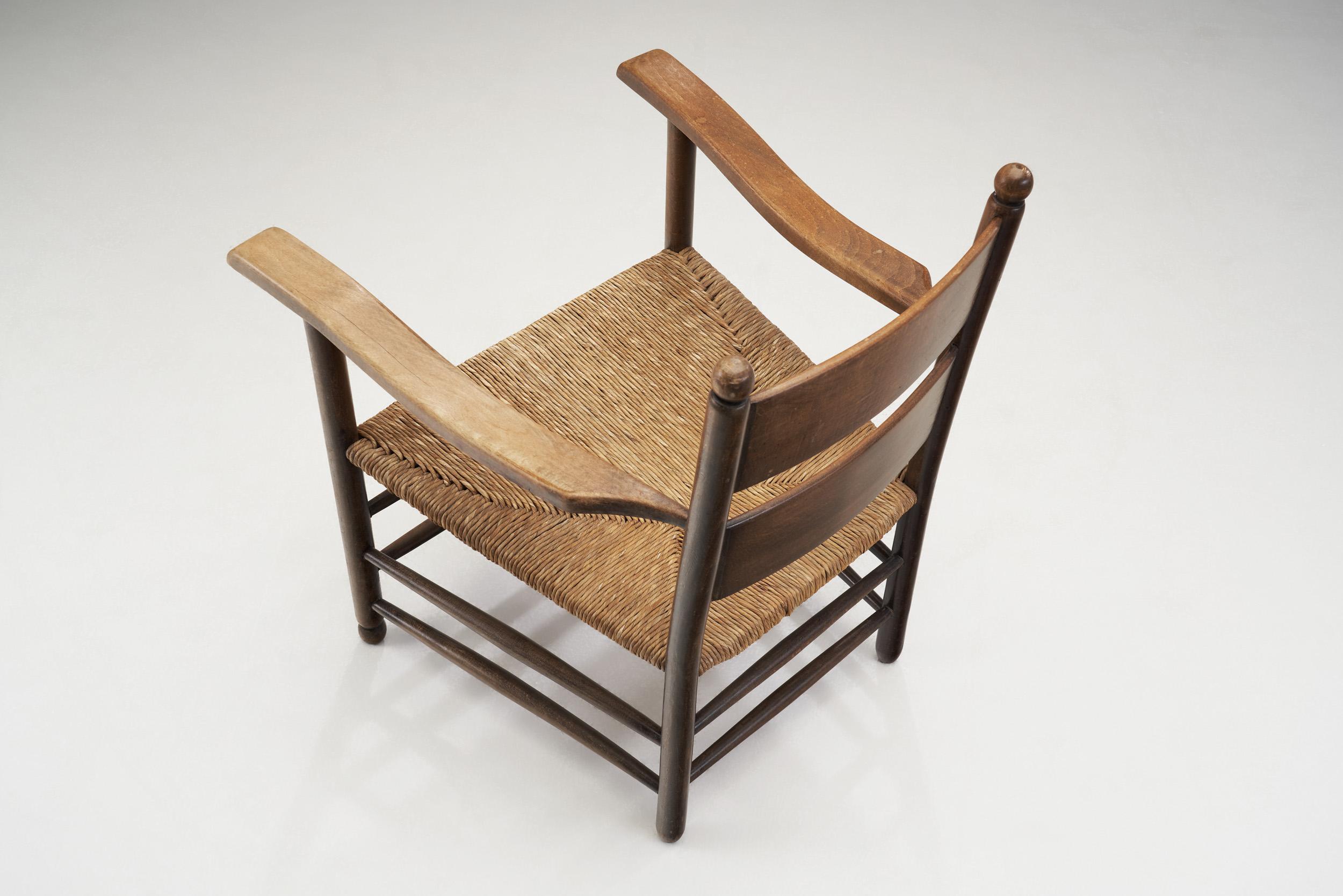 European Modernist Oak and Straw Armchairs, Europe, 1960s For Sale 1