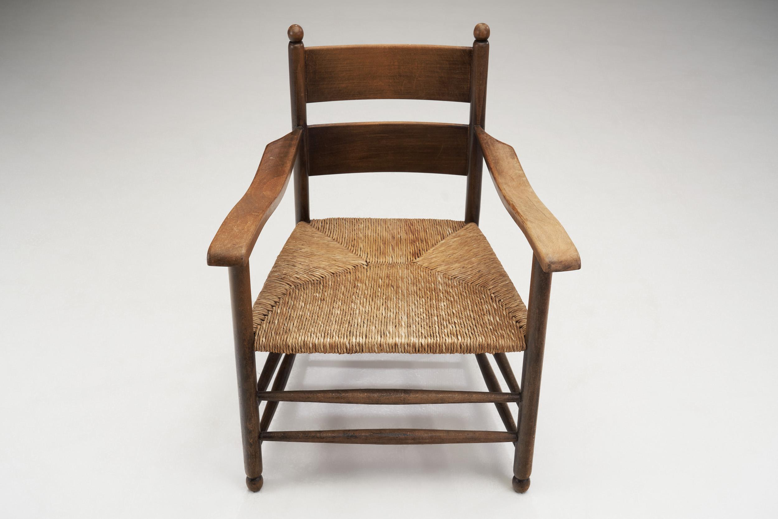 European Modernist Oak and Straw Armchairs, Europe, 1960s 4