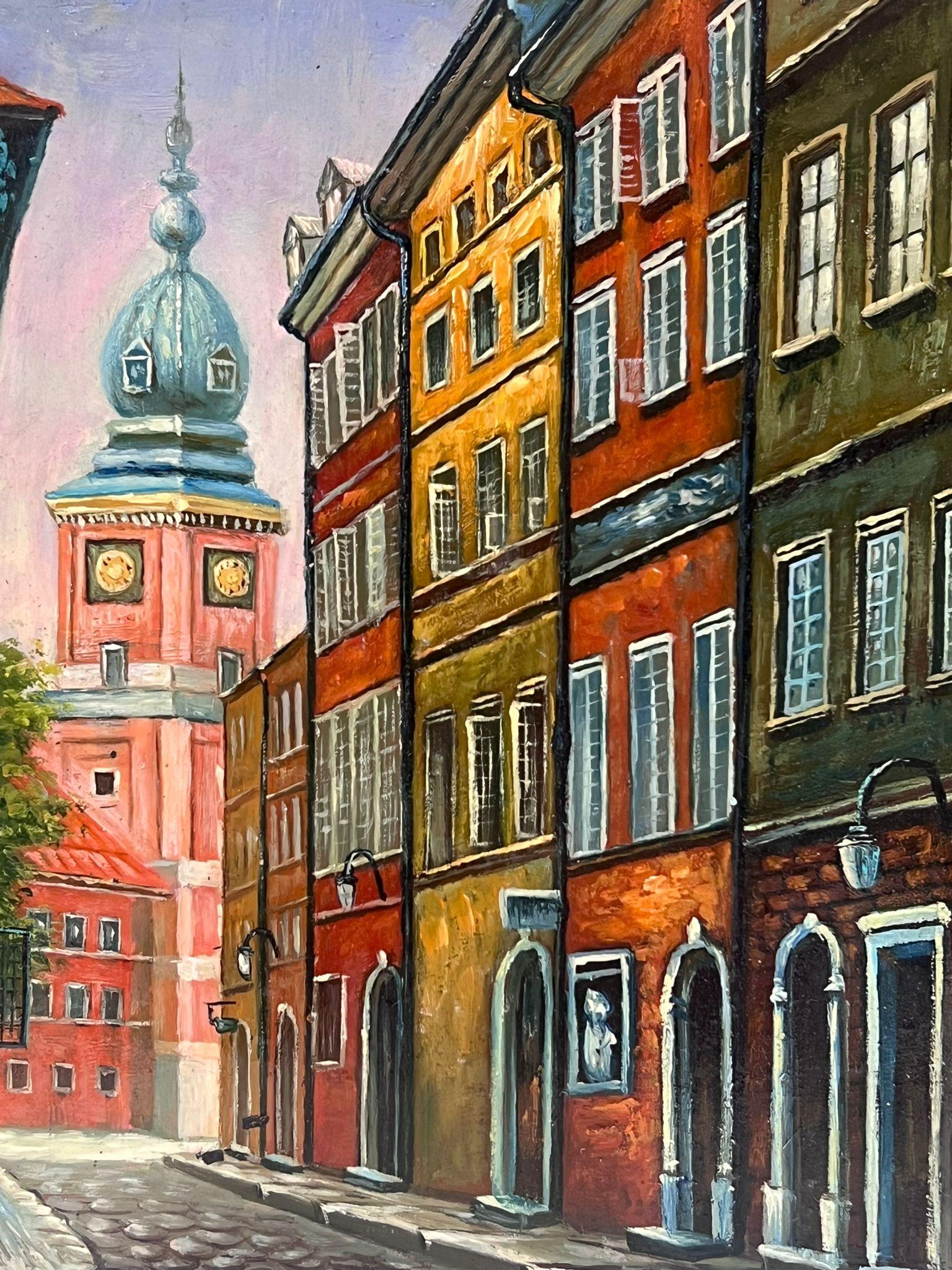 Ciudad Europea Escena Callejera Edificios Antiguos Calle adoquinada Pintura al Óleo - Painting de European Modernist
