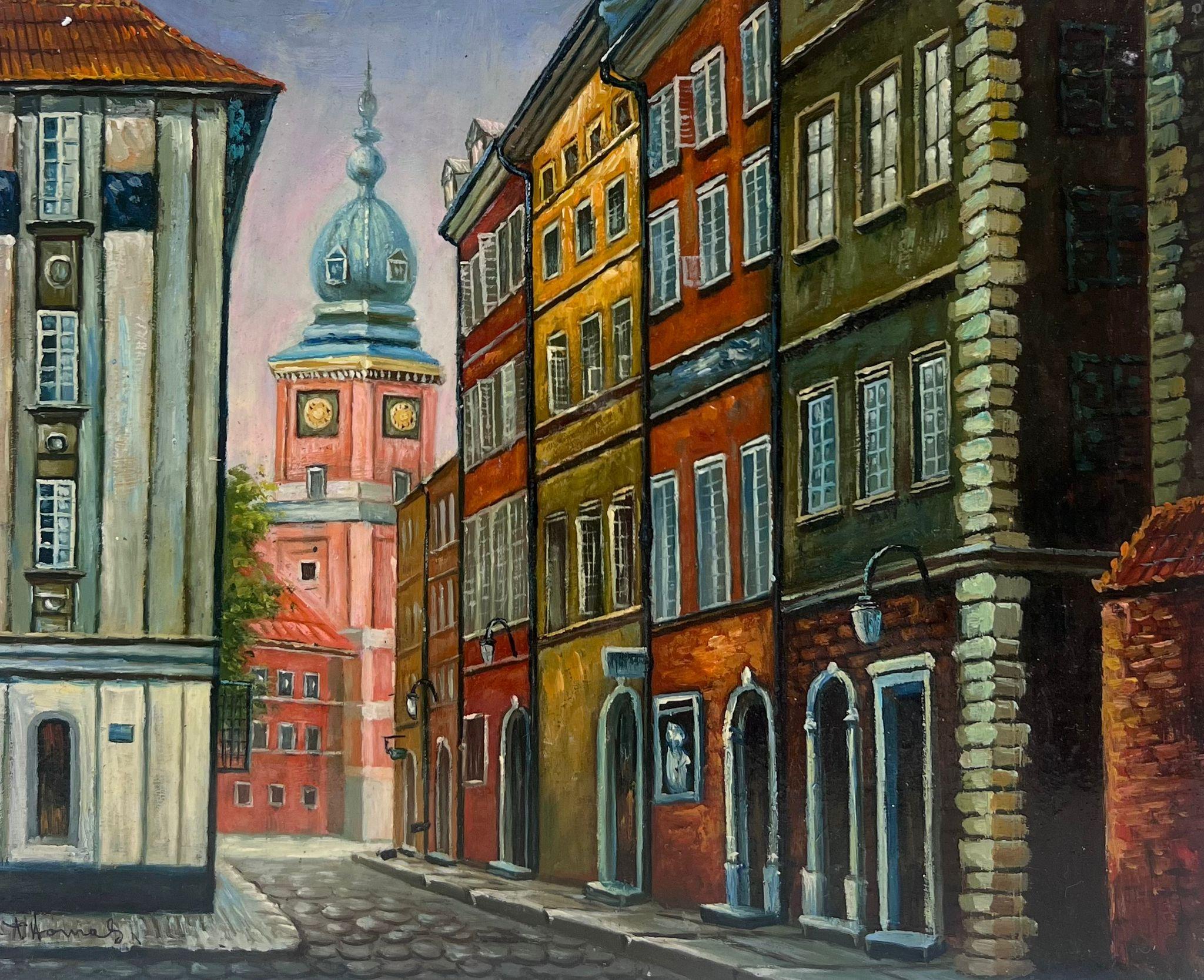 Ciudad Europea Escena Callejera Edificios Antiguos Calle adoquinada Pintura al Óleo - Painting Moderno de European Modernist