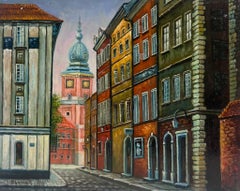 Ciudad Europea Escena Callejera Edificios Antiguos Calle adoquinada Pintura al Óleo
