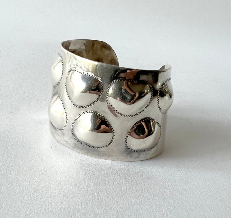 European Modernist Unisex Sterling Silver Bumpy Domed Cuff Bracelet In Good Condition For Sale In Los Angeles, CA