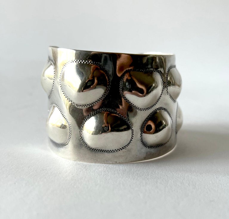 European Modernist Unisex Sterling Silver Bumpy Domed Cuff Bracelet For Sale 1