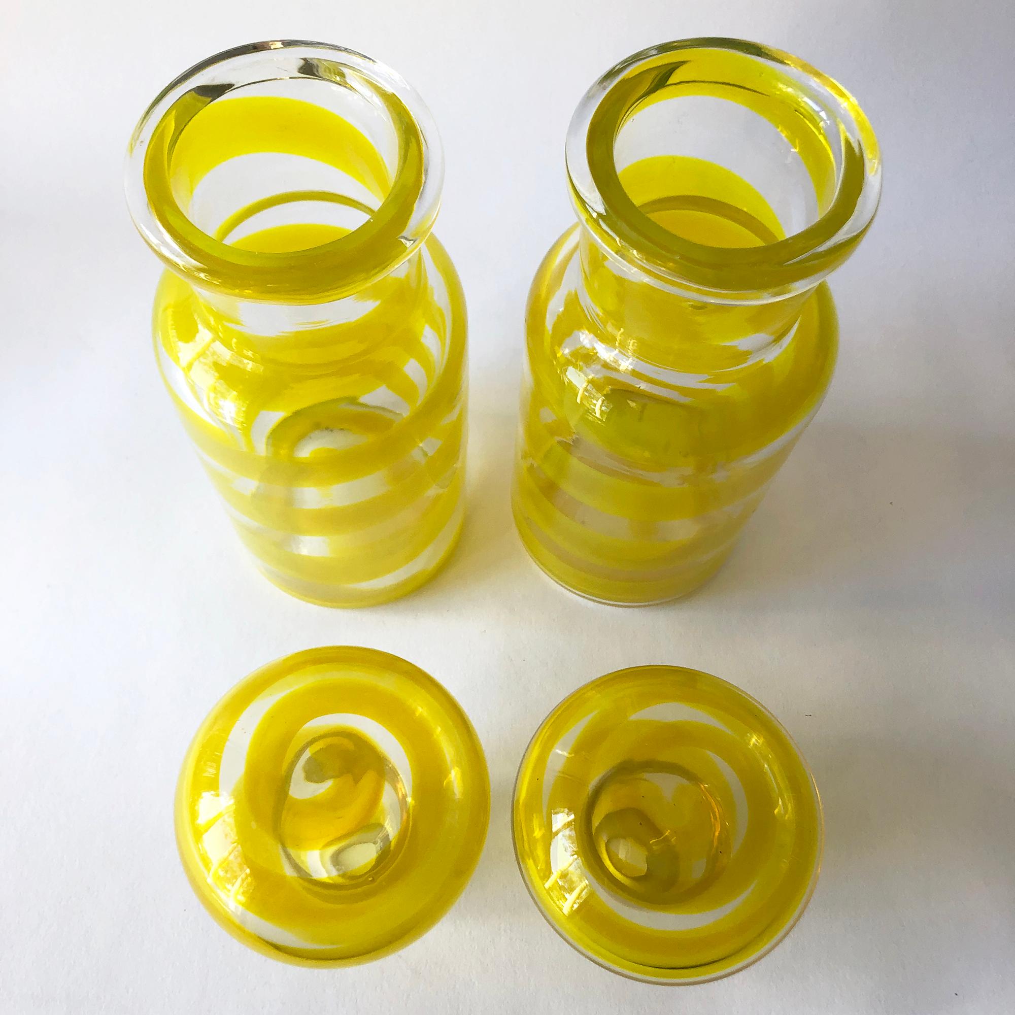 Mid-Century Modern European Modernist Yellow Swirl Blown Glass Mushroom Decanters