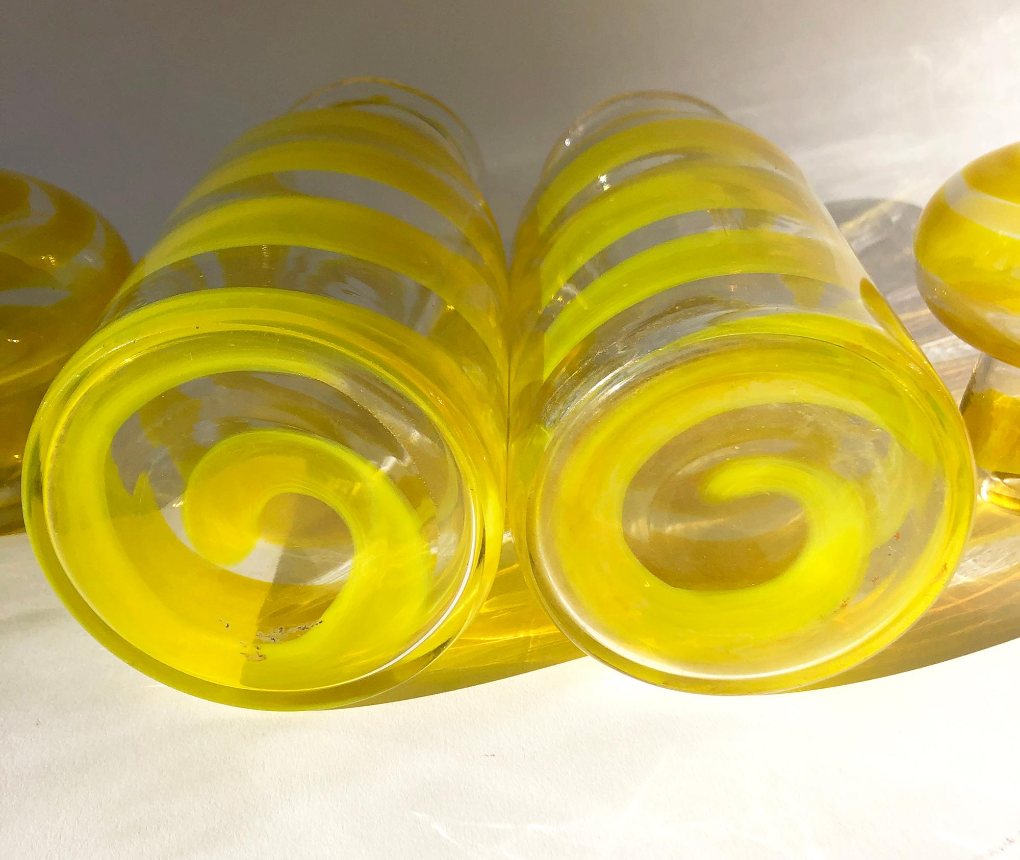 Scandinavian European Modernist Yellow Swirl Blown Glass Mushroom Decanters