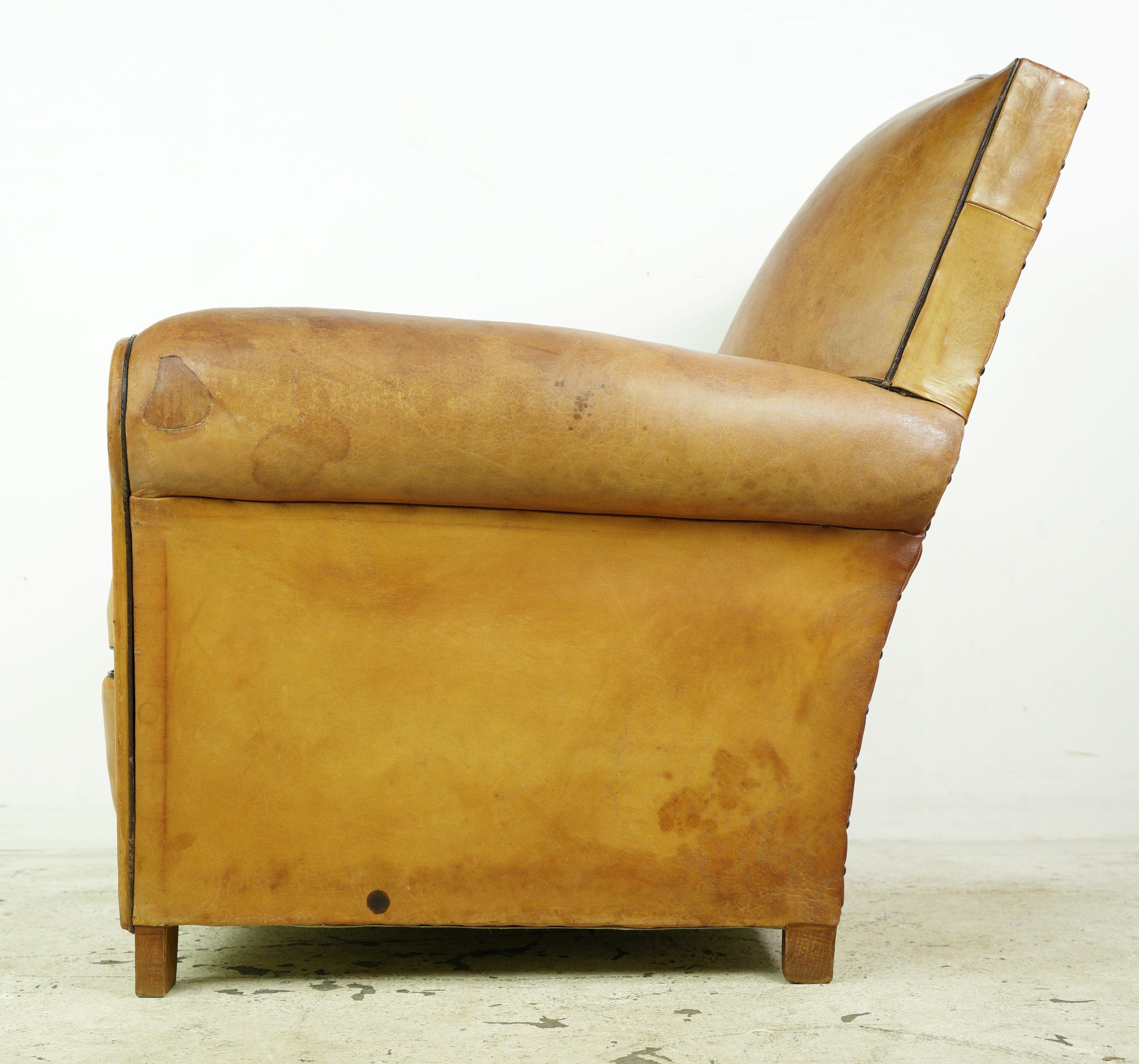European Moustache Back Tan Leather Club Chair w Studs For Sale 5