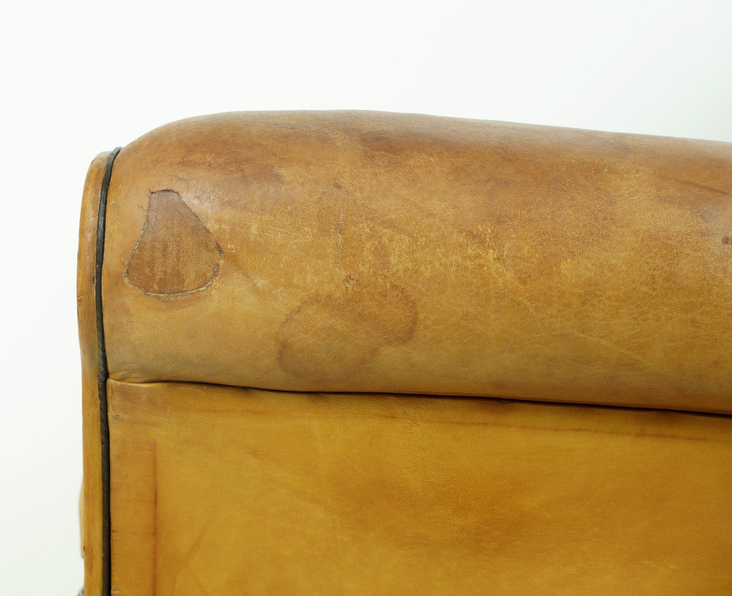 European Moustache Back Tan Leather Club Chair w Studs For Sale 7