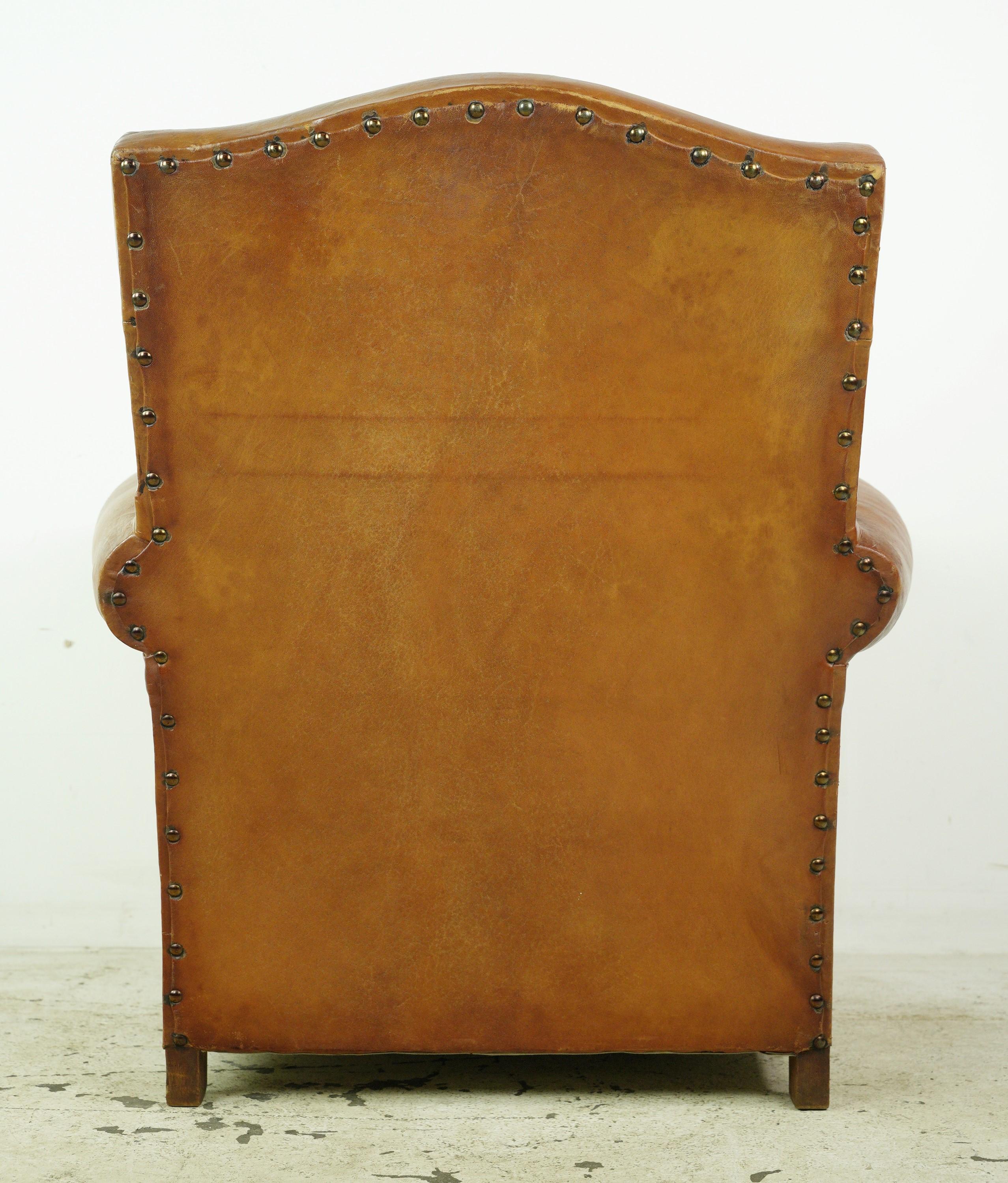 European Moustache Back Tan Leather Club Chair w Studs For Sale 8