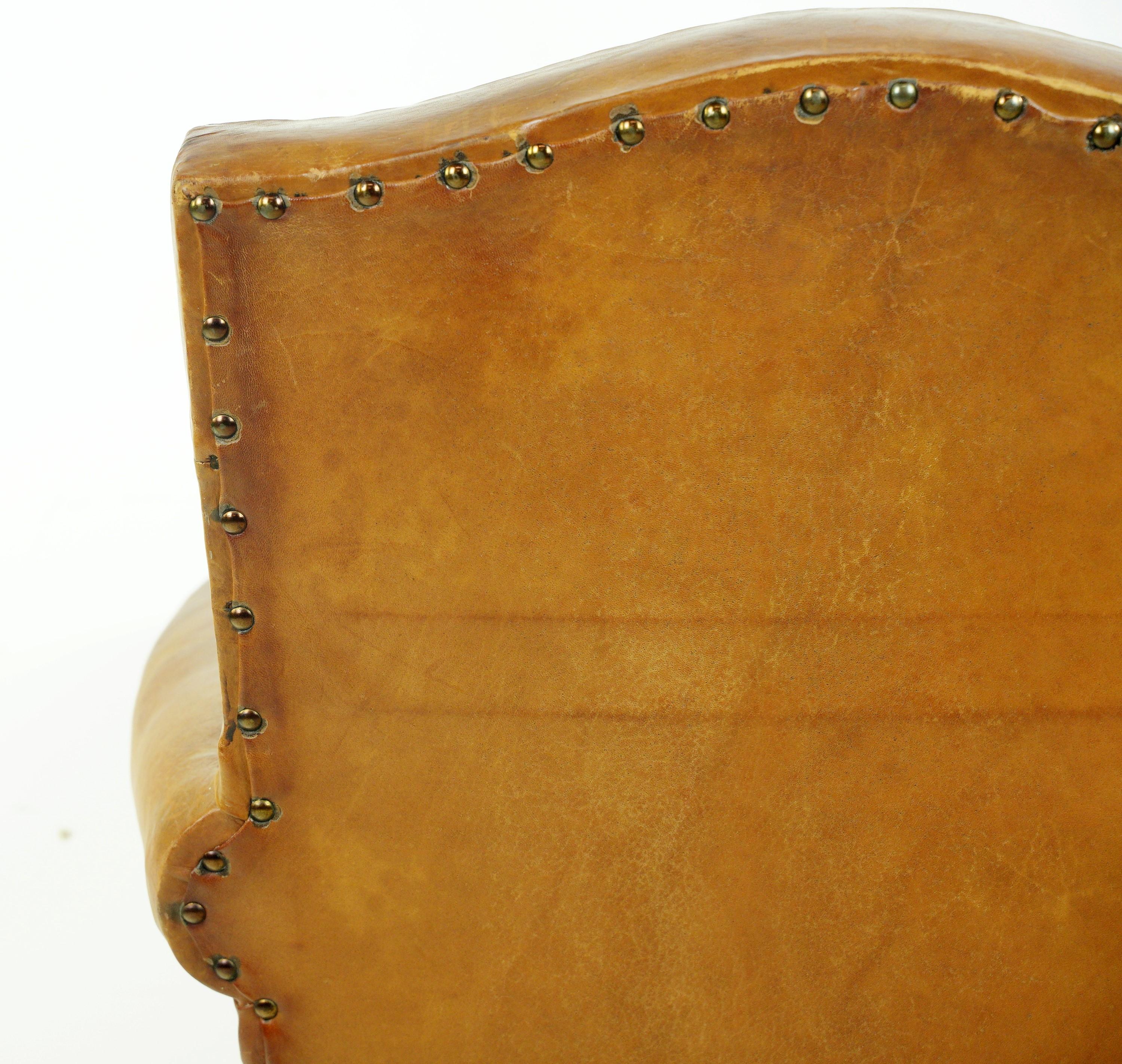 European Moustache Back Tan Leather Club Chair w Studs For Sale 9