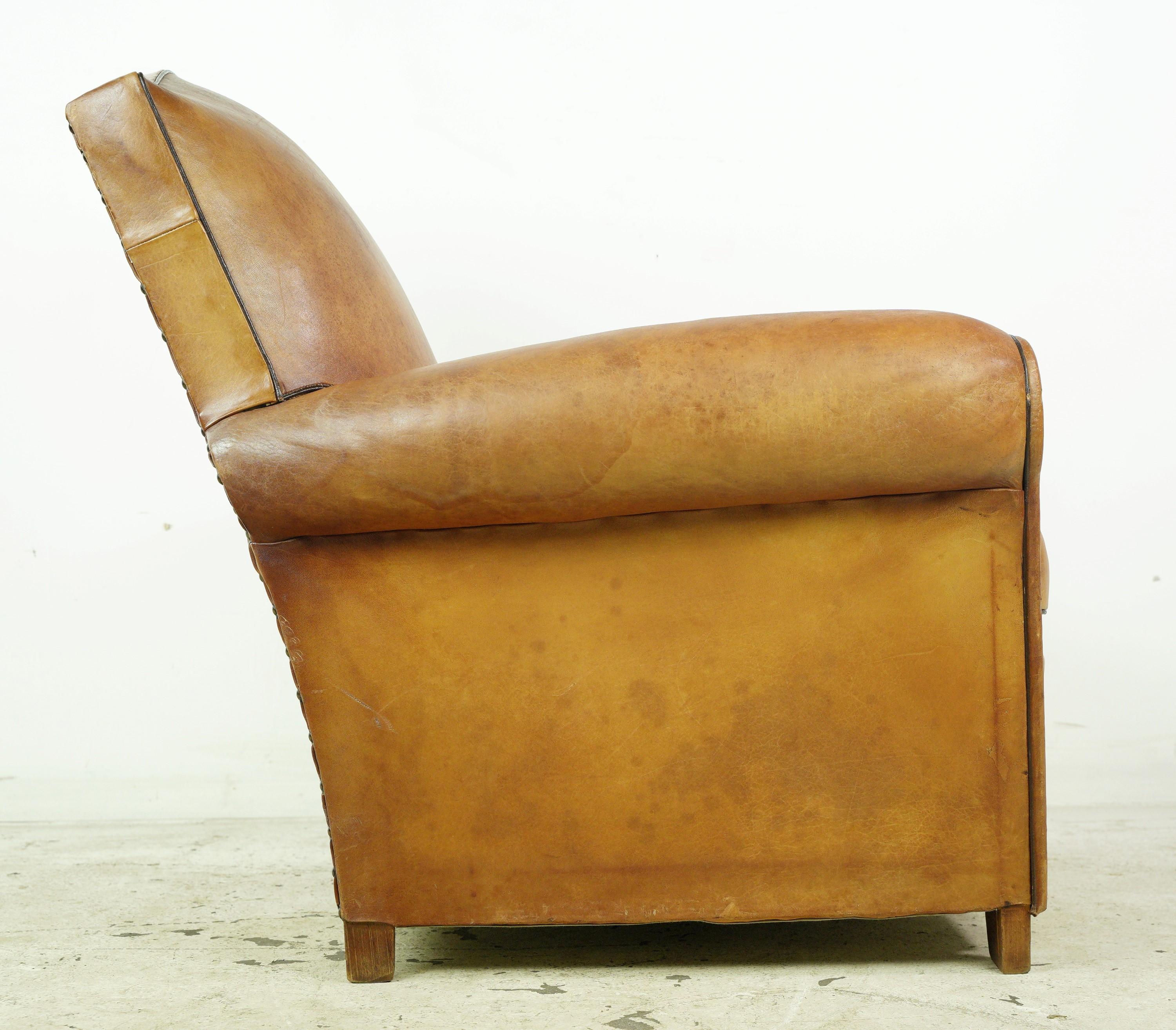 European Moustache Back Tan Leather Club Chair w Studs For Sale 10