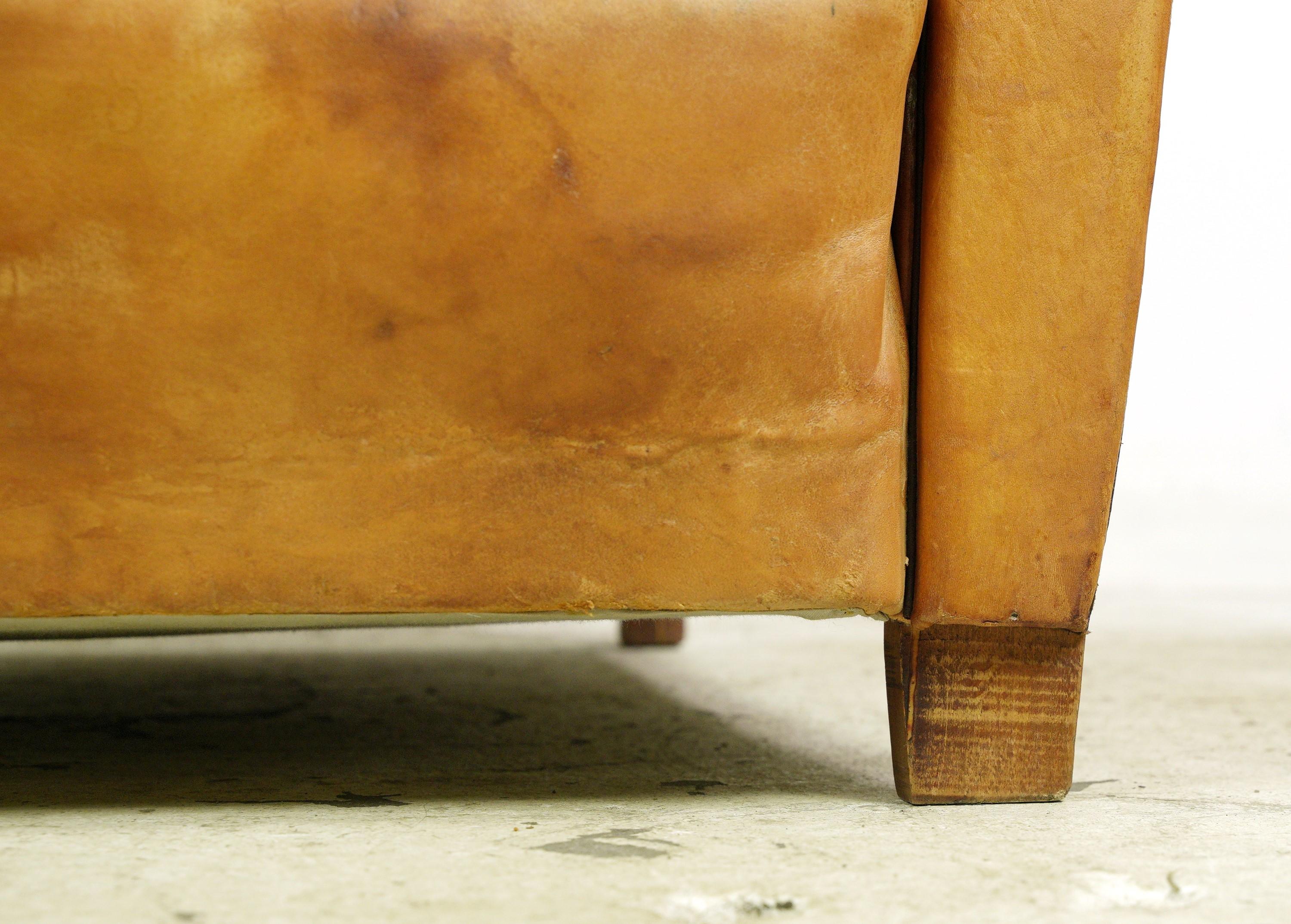 20th Century European Moustache Back Tan Leather Club Chair w Studs For Sale
