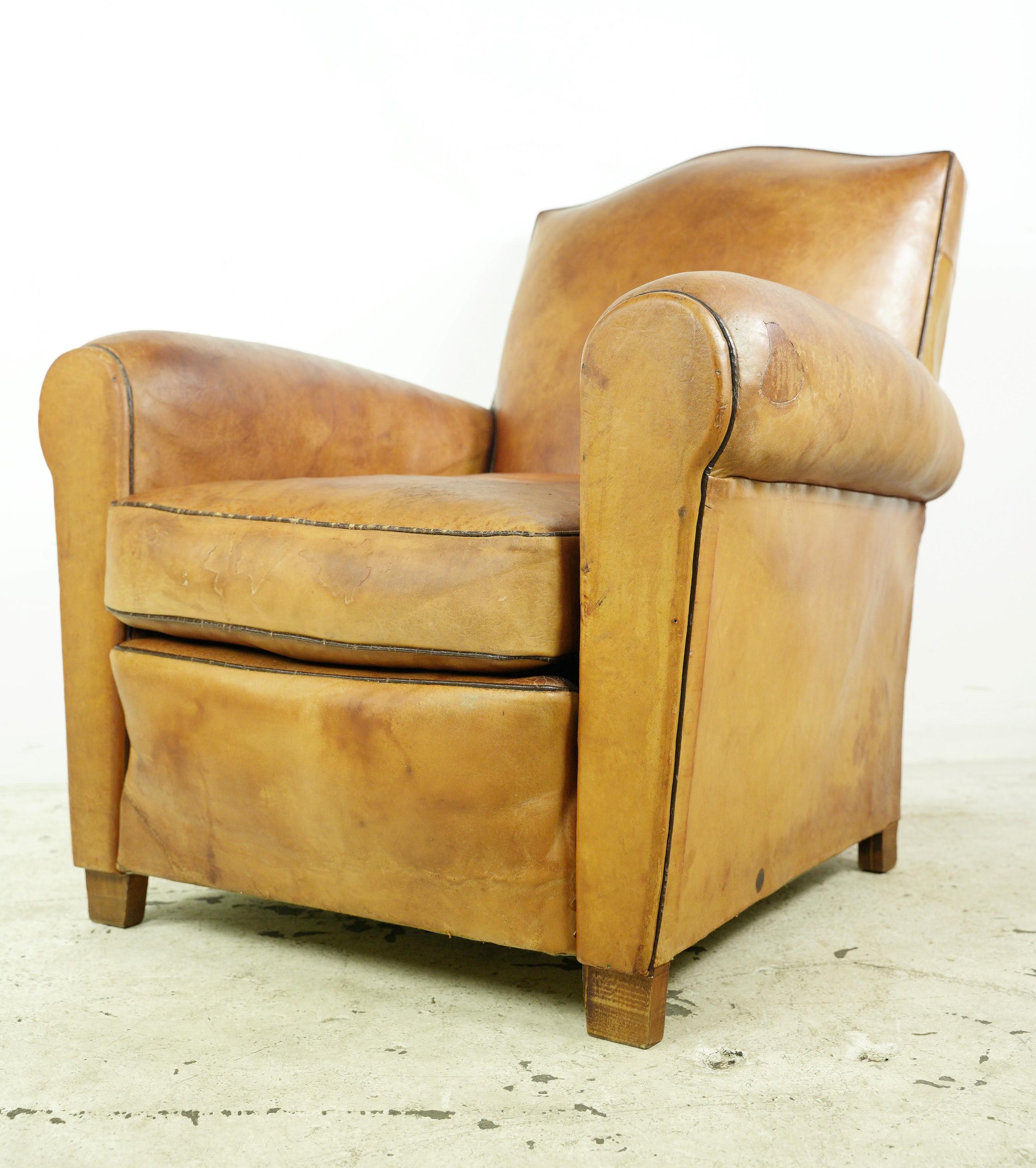 European Moustache Back Tan Leather Club Chair w Studs For Sale 3