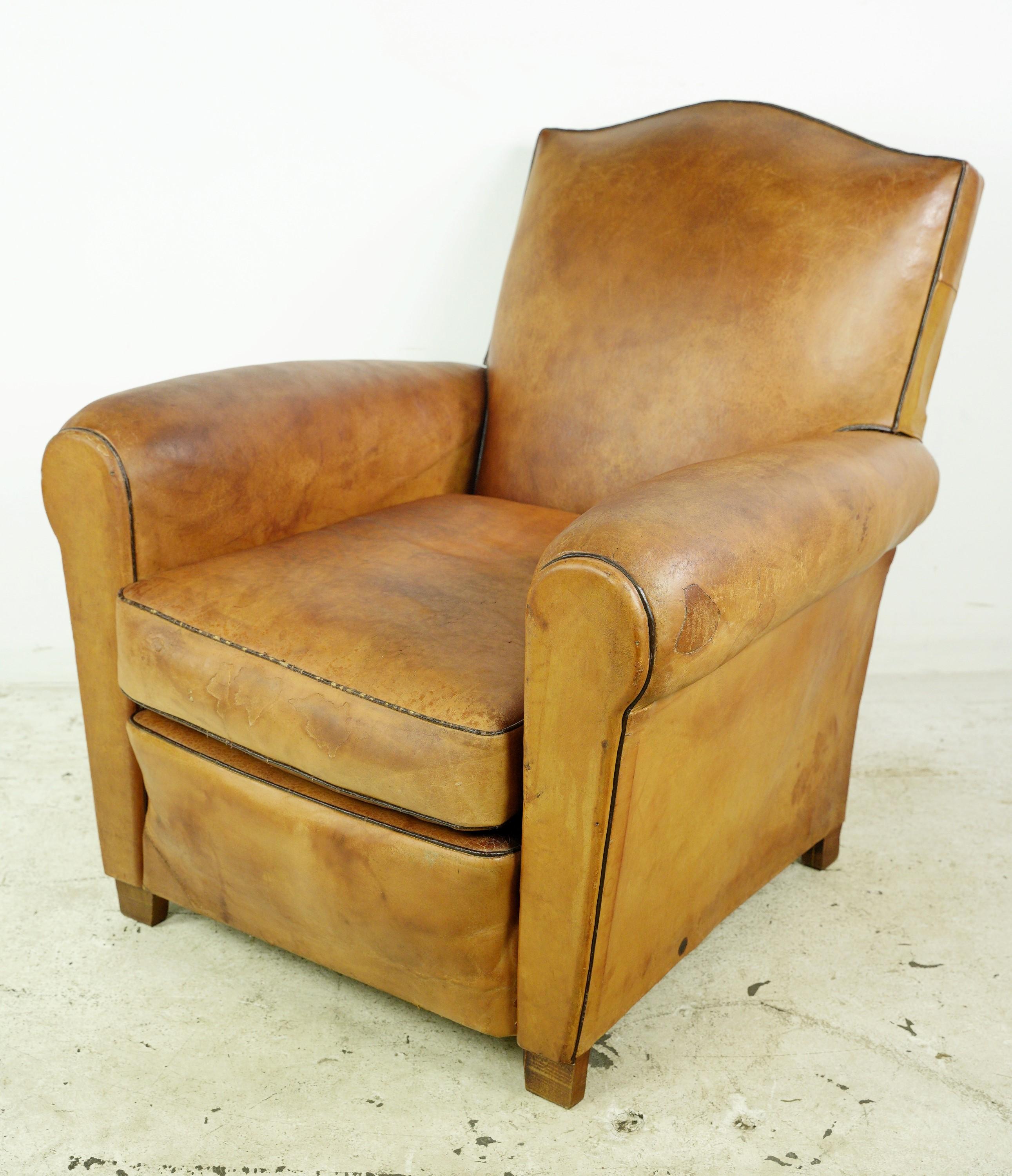 European Moustache Back Tan Leather Club Chair w Studs For Sale 4
