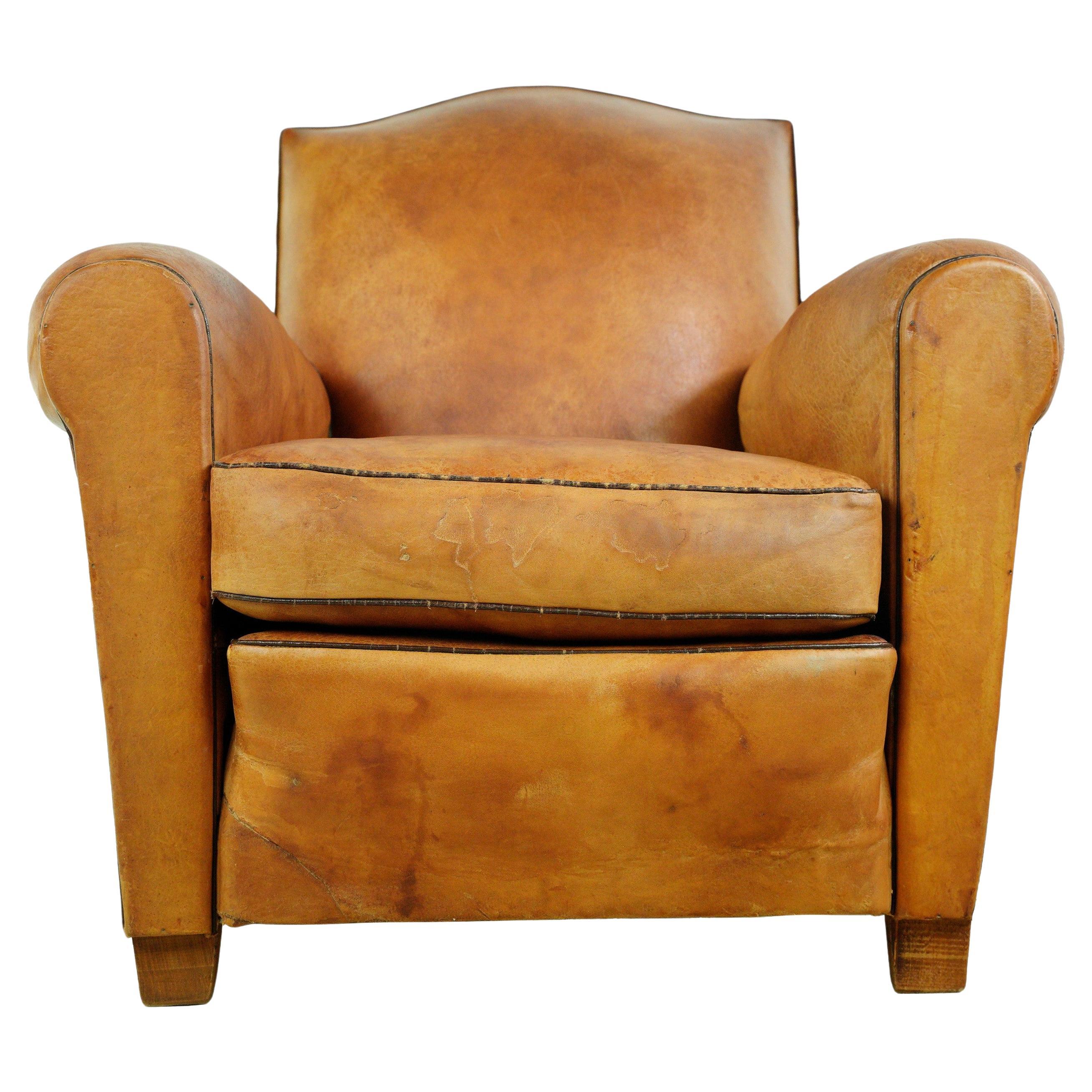European Moustache Back Tan Leather Club Chair w Studs For Sale