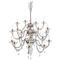 European Mouth Blown Glass & Hand Forged Iron Chandelier, Large Scale 20 Arm