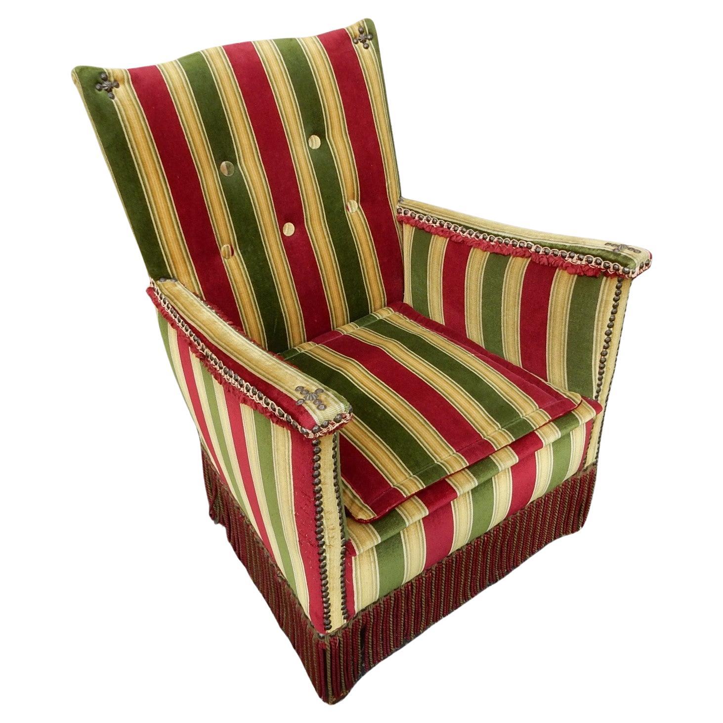 Lovely, petite velvet boudoir chair in the style of George Smith with stripe velvet upholstery, fringe and nailheads.
Small scale yet comfortable for adult use. 
Not marked or signed.