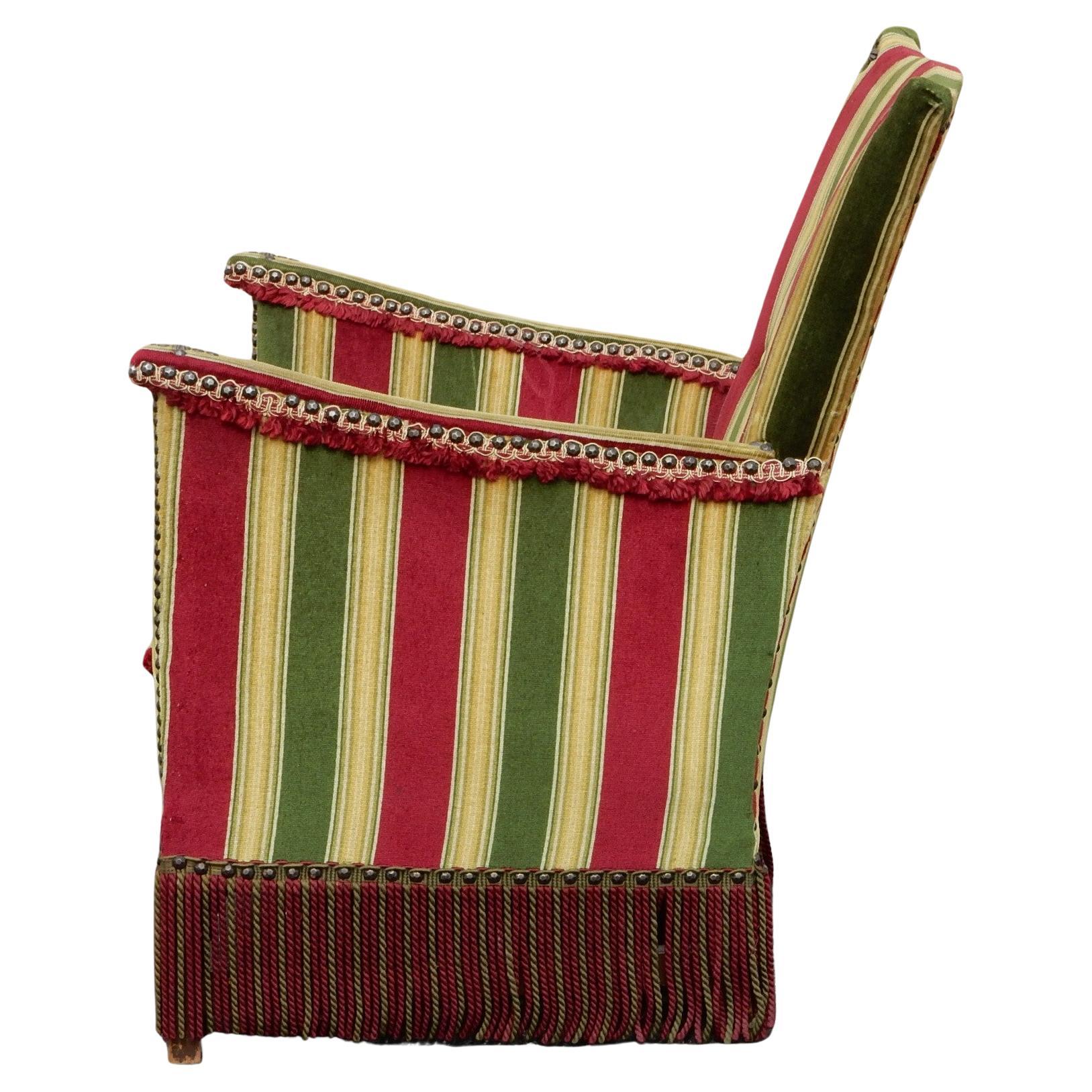 Metà XX secolo European Napoleon III Striped Velvet & Fringe Boudoir Chair in vendita