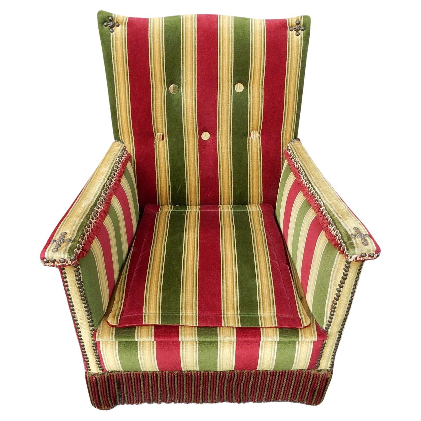 Tappezzeria European Napoleon III Striped Velvet & Fringe Boudoir Chair in vendita