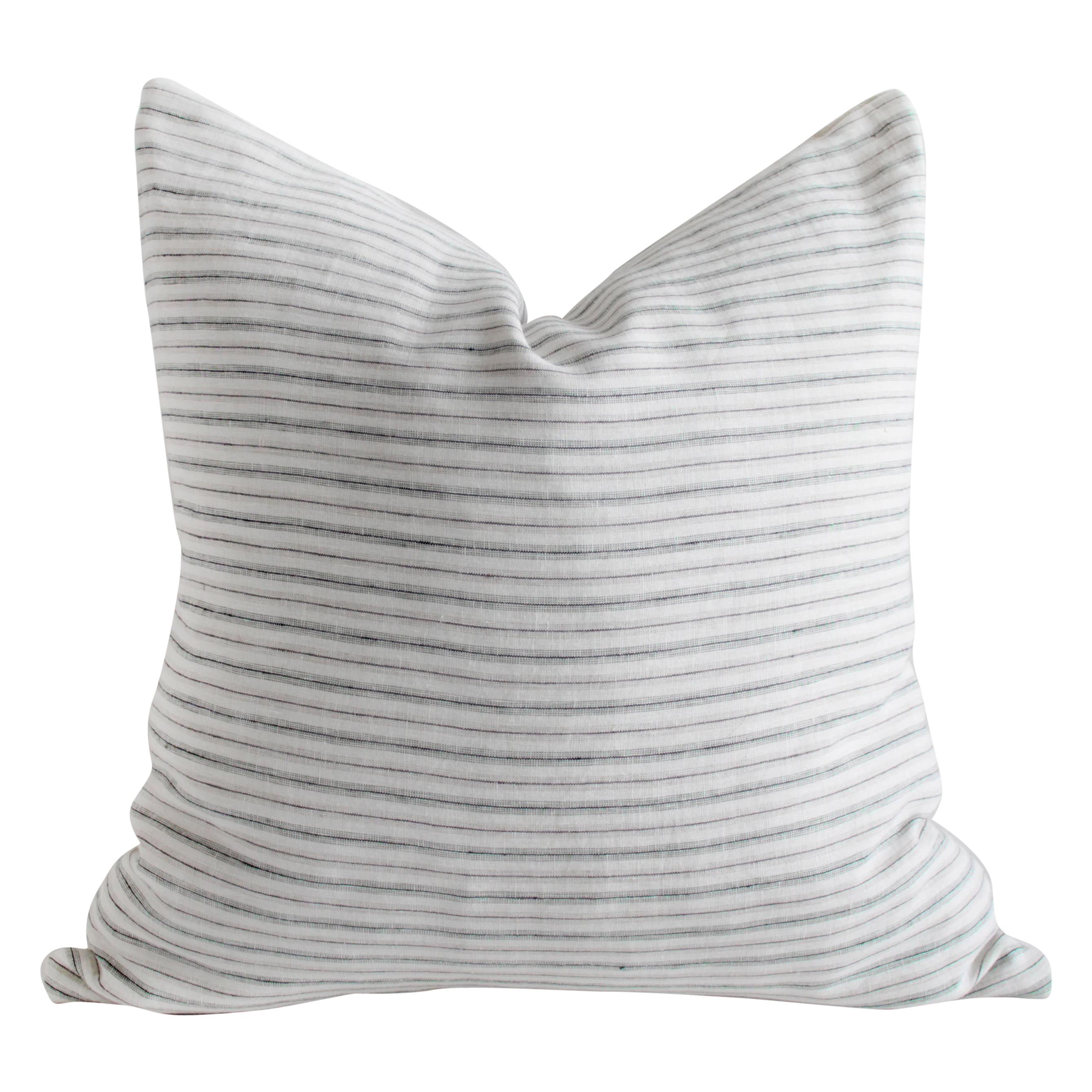 European Natural and Blue Gray Stripe Linen Pillow Cover For Sale