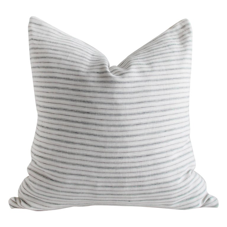European Natural and Blue Gray Stripe Linen Pillow Cover For Sale at
