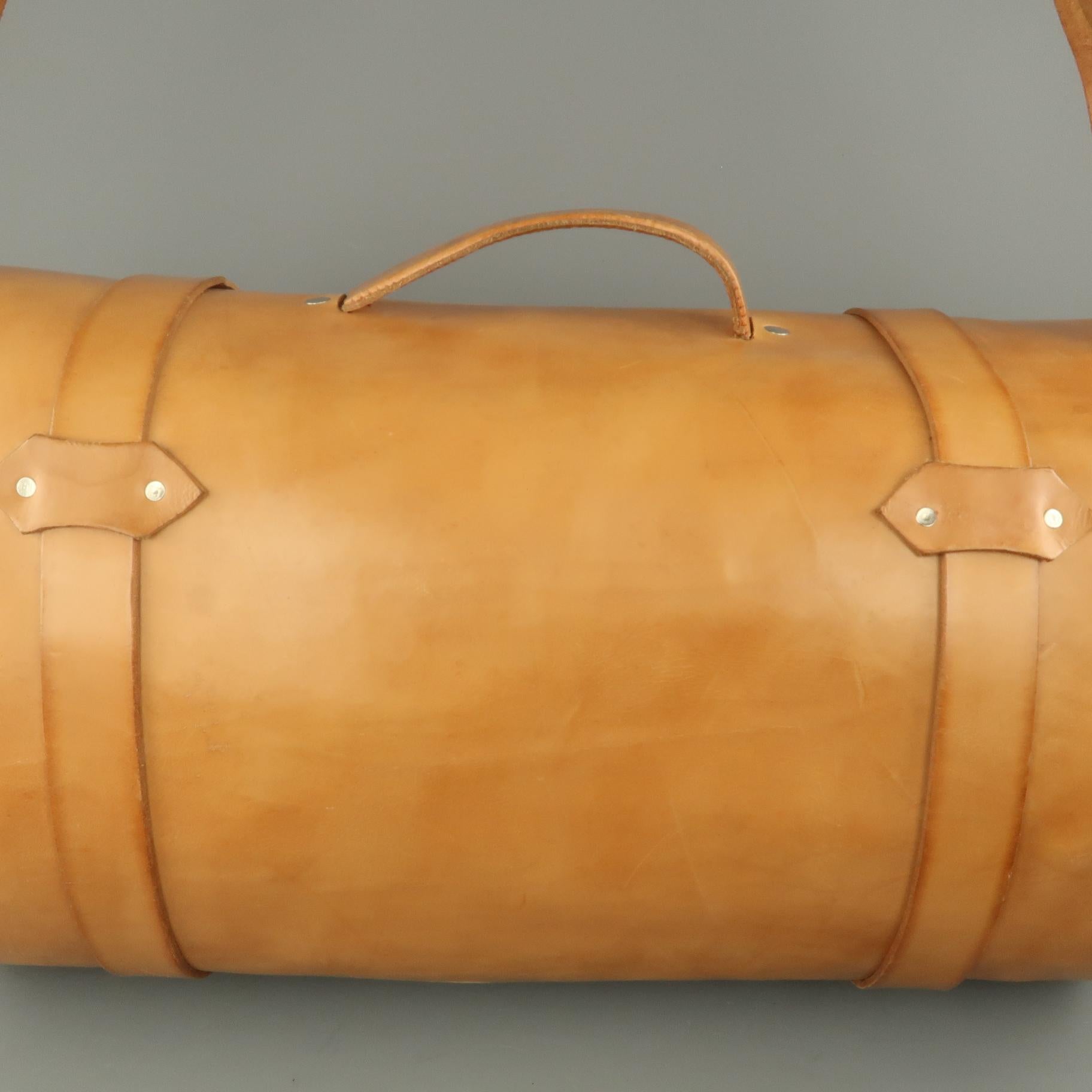 EUROPEAN NATURAL LEATHER BAGS Tan Leather Duffle Woven Trim Duffle Bag 5