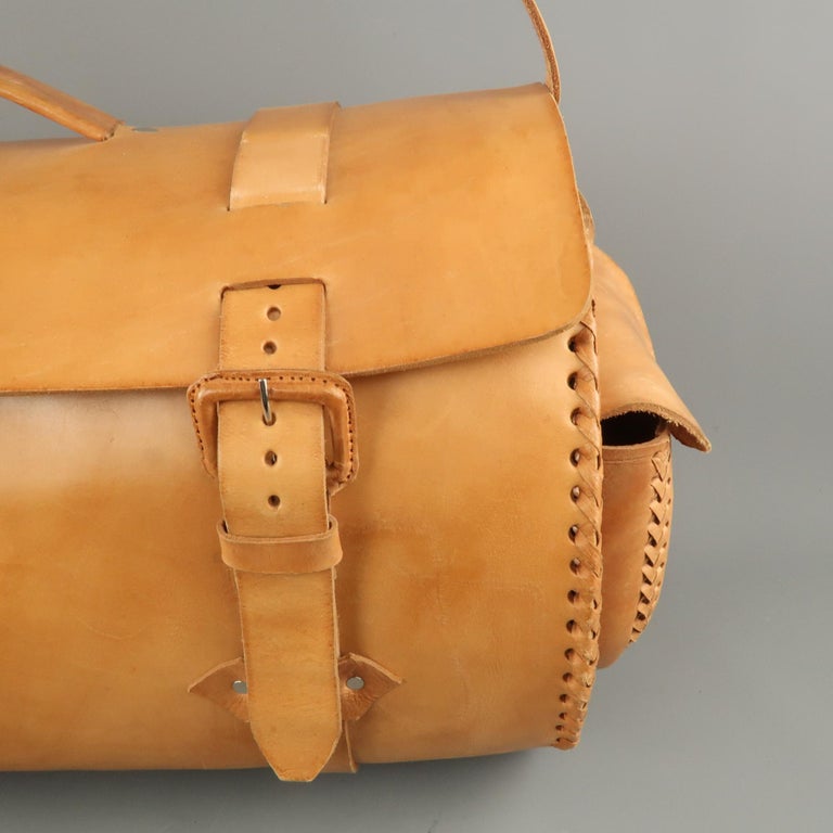EUROPEAN NATURAL LEATHER BAGS Tan Leather Duffle Woven Trim Duffle Bag For Sale at 1stdibs