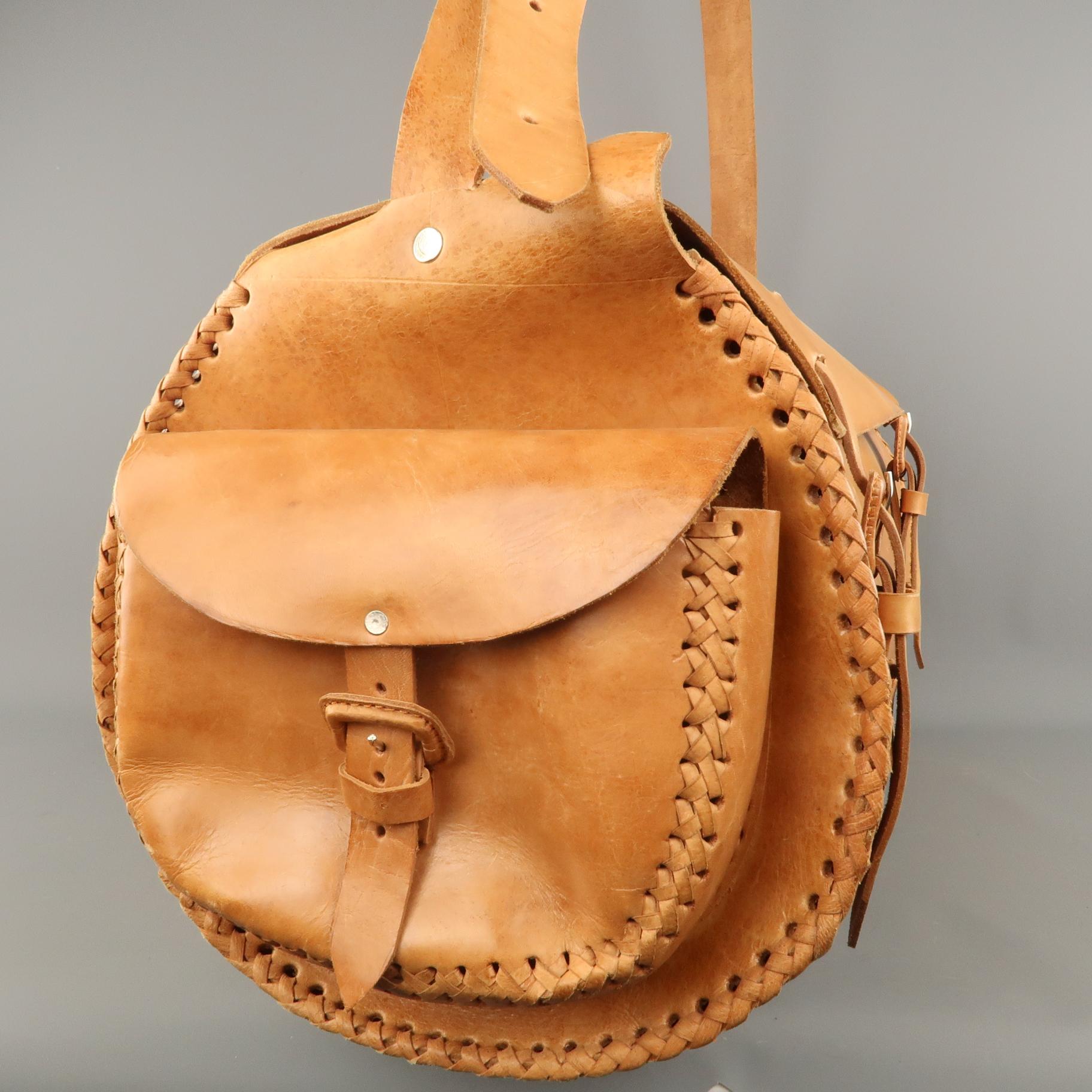EUROPEAN NATURAL LEATHER BAGS Tan Leather Duffle Woven Trim Duffle Bag In Good Condition In San Francisco, CA