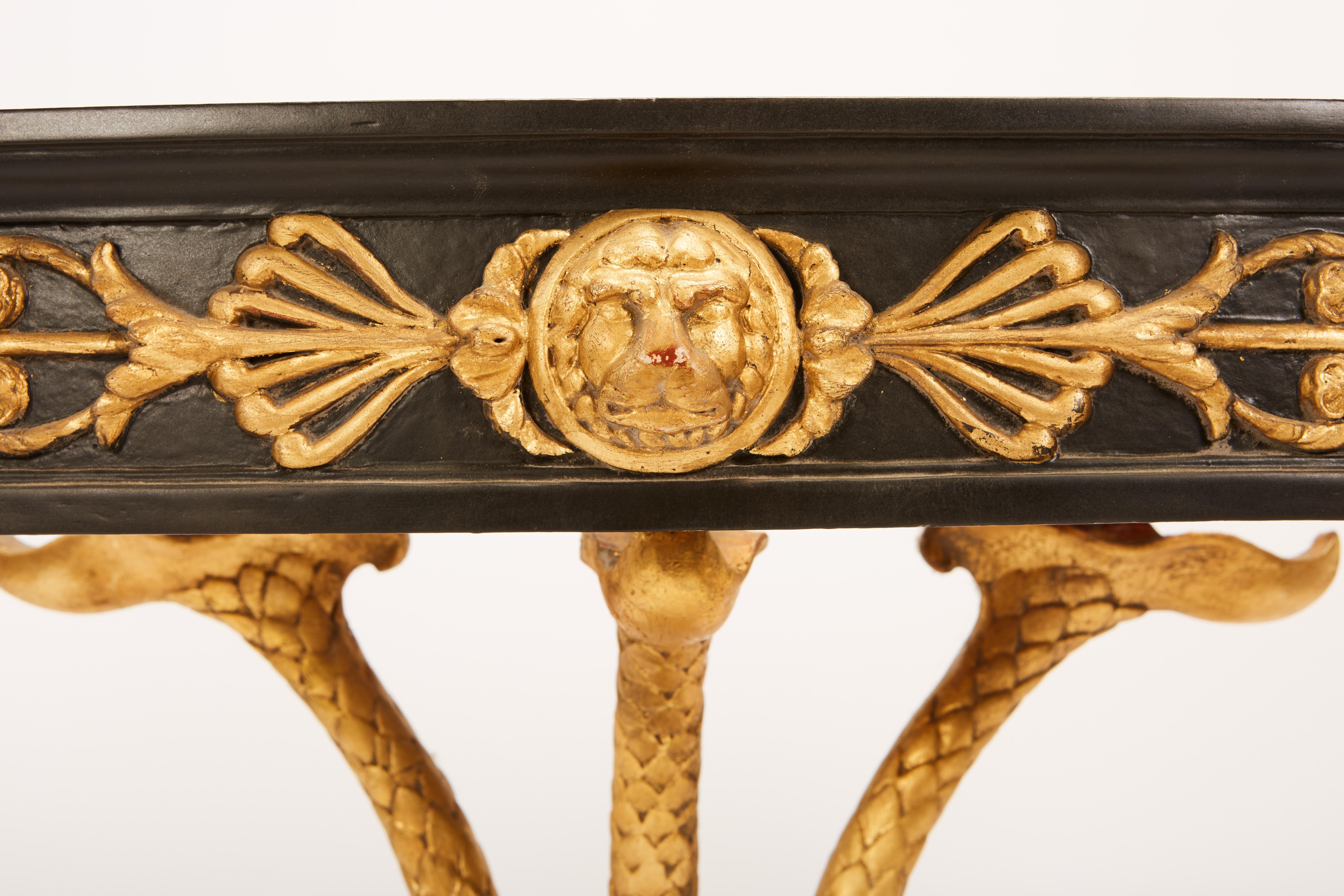 European Neoclassical Ebonized & Giltwood Carved Console with 3 Dolphin Supports 5