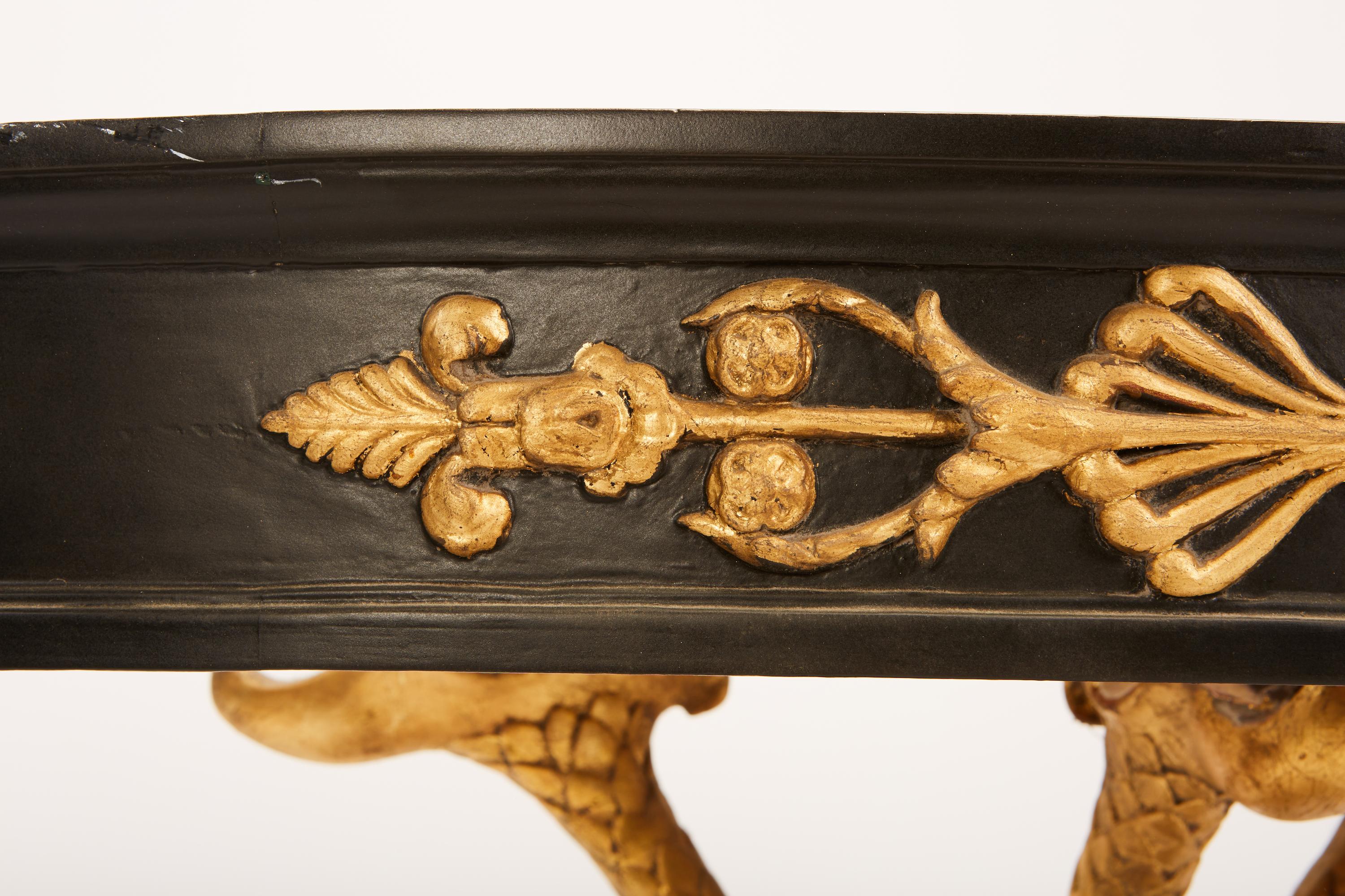 European Neoclassical Ebonized & Giltwood Carved Console with 3 Dolphin Supports 6