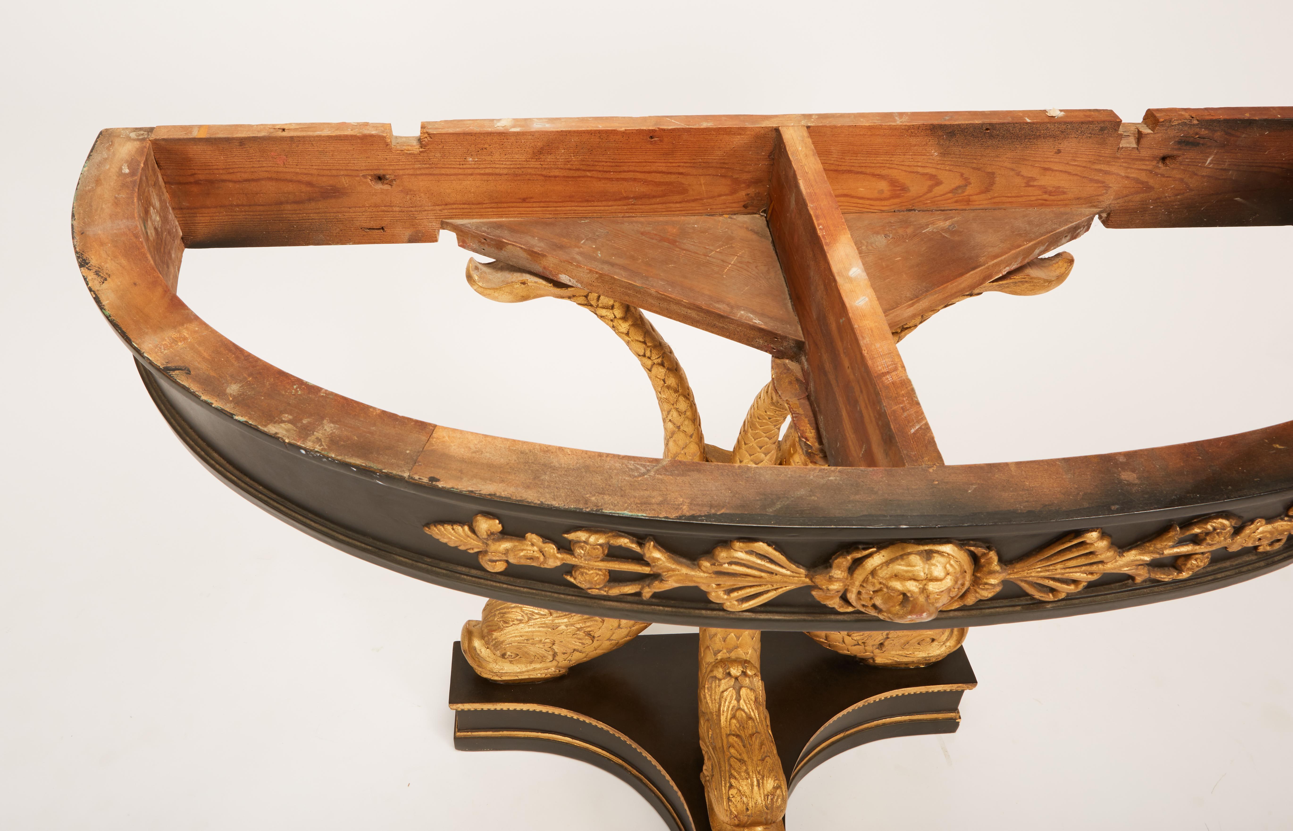 European Neoclassical Ebonized & Giltwood Carved Console with 3 Dolphin Supports 9