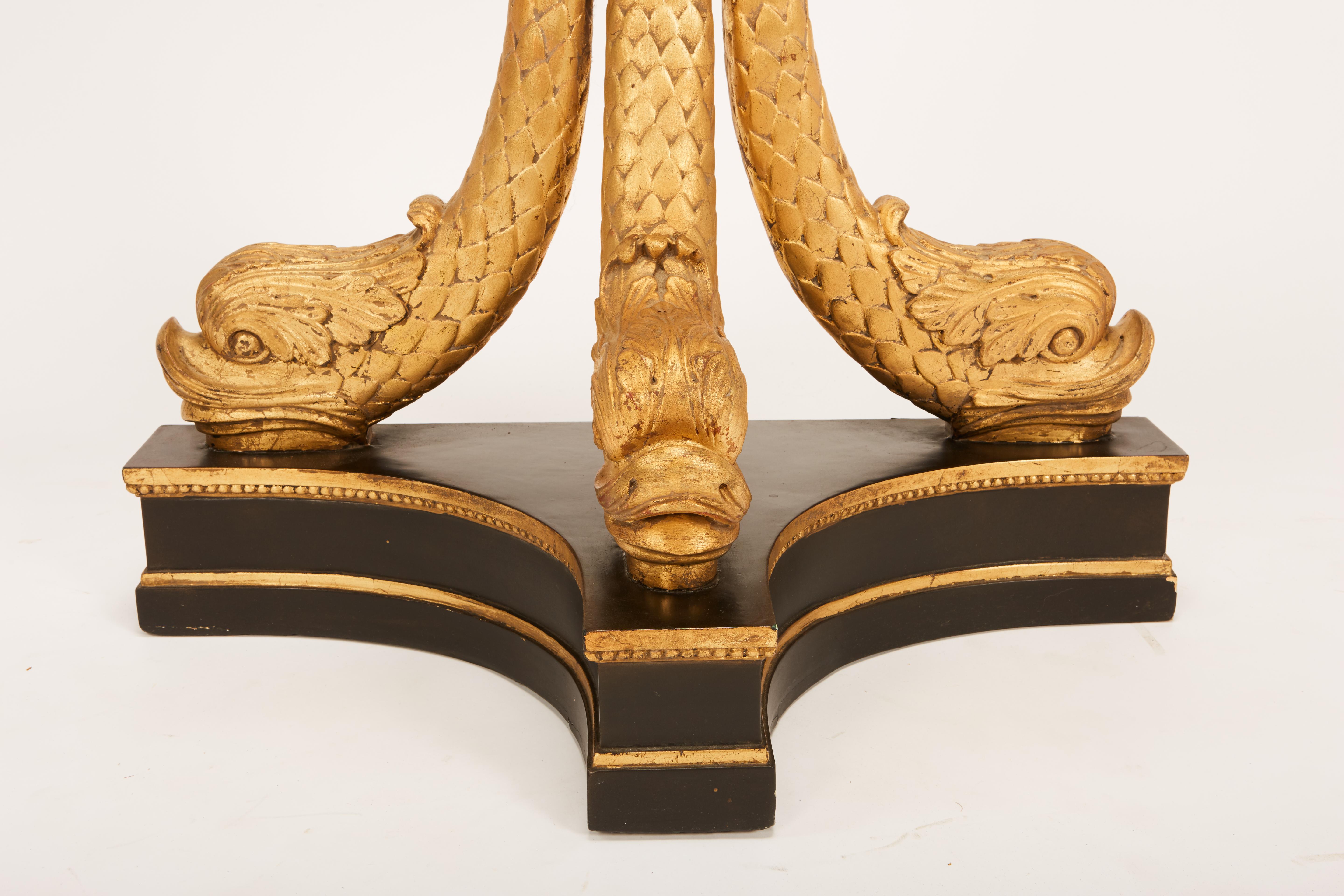 European Neoclassical Ebonized & Giltwood Carved Console with 3 Dolphin Supports 11
