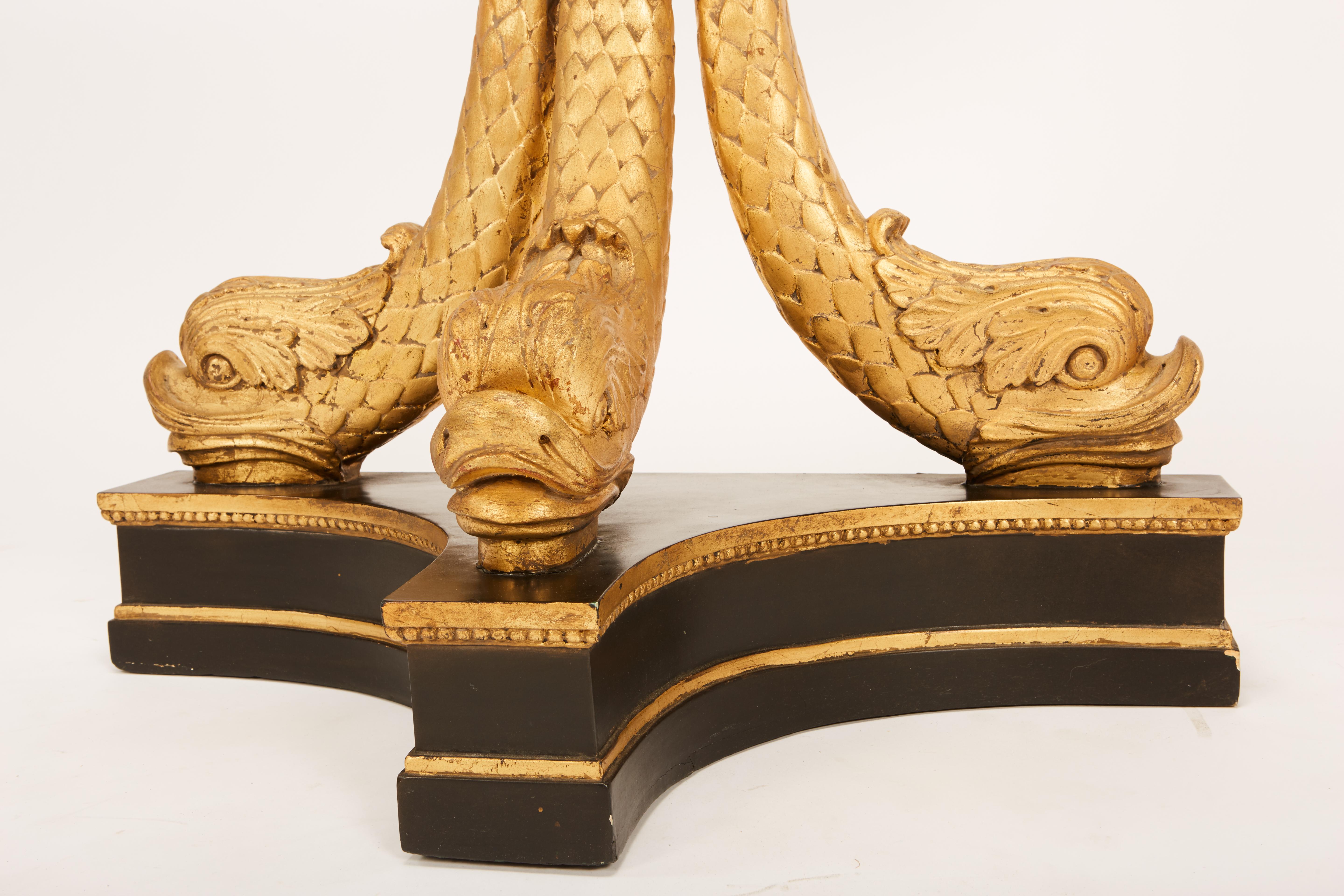 European Neoclassical Ebonized & Giltwood Carved Console with 3 Dolphin Supports 13