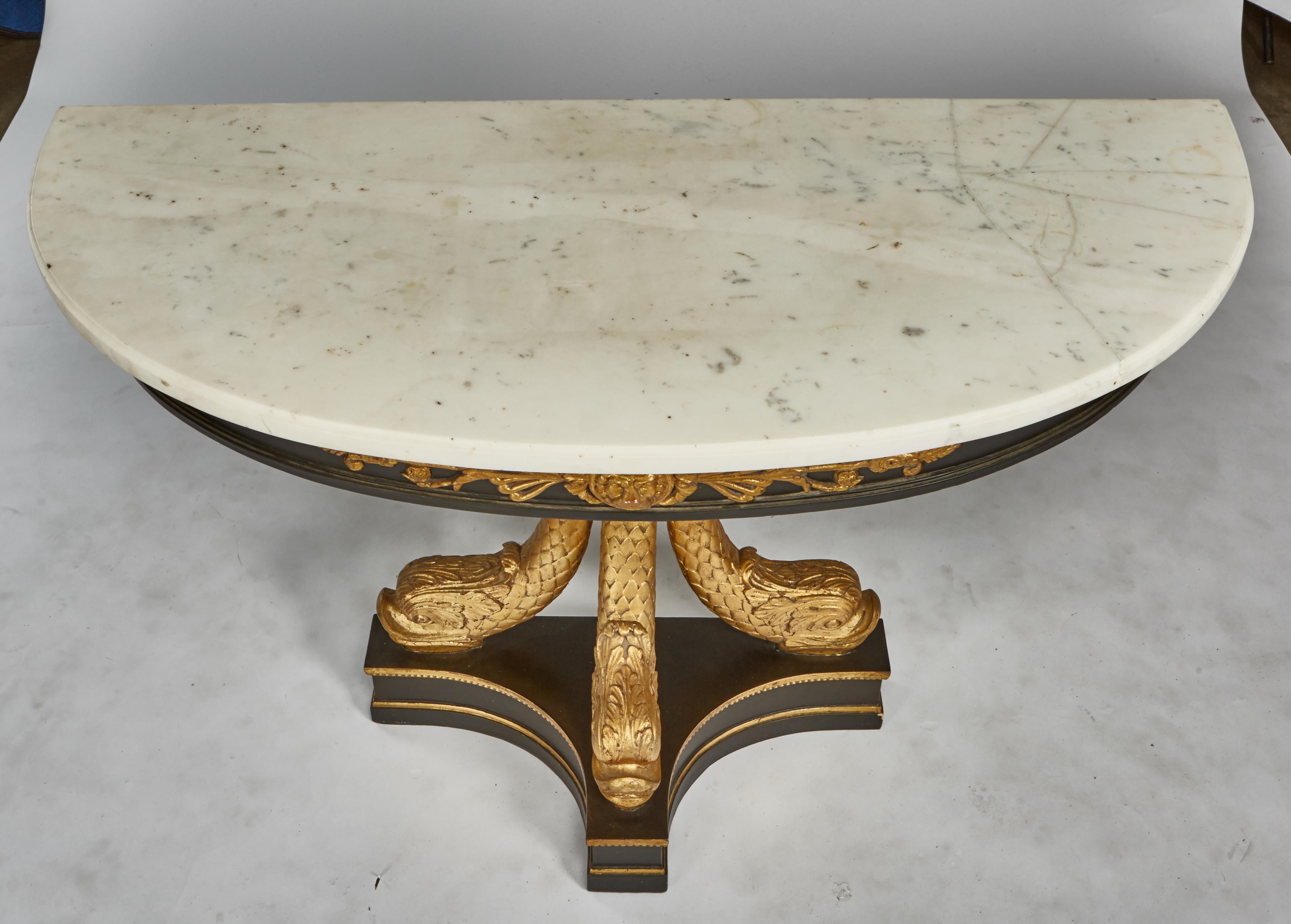 European Neoclassical Ebonized & Giltwood Carved Console with 3 Dolphin Supports In Good Condition In St. Louis, MO