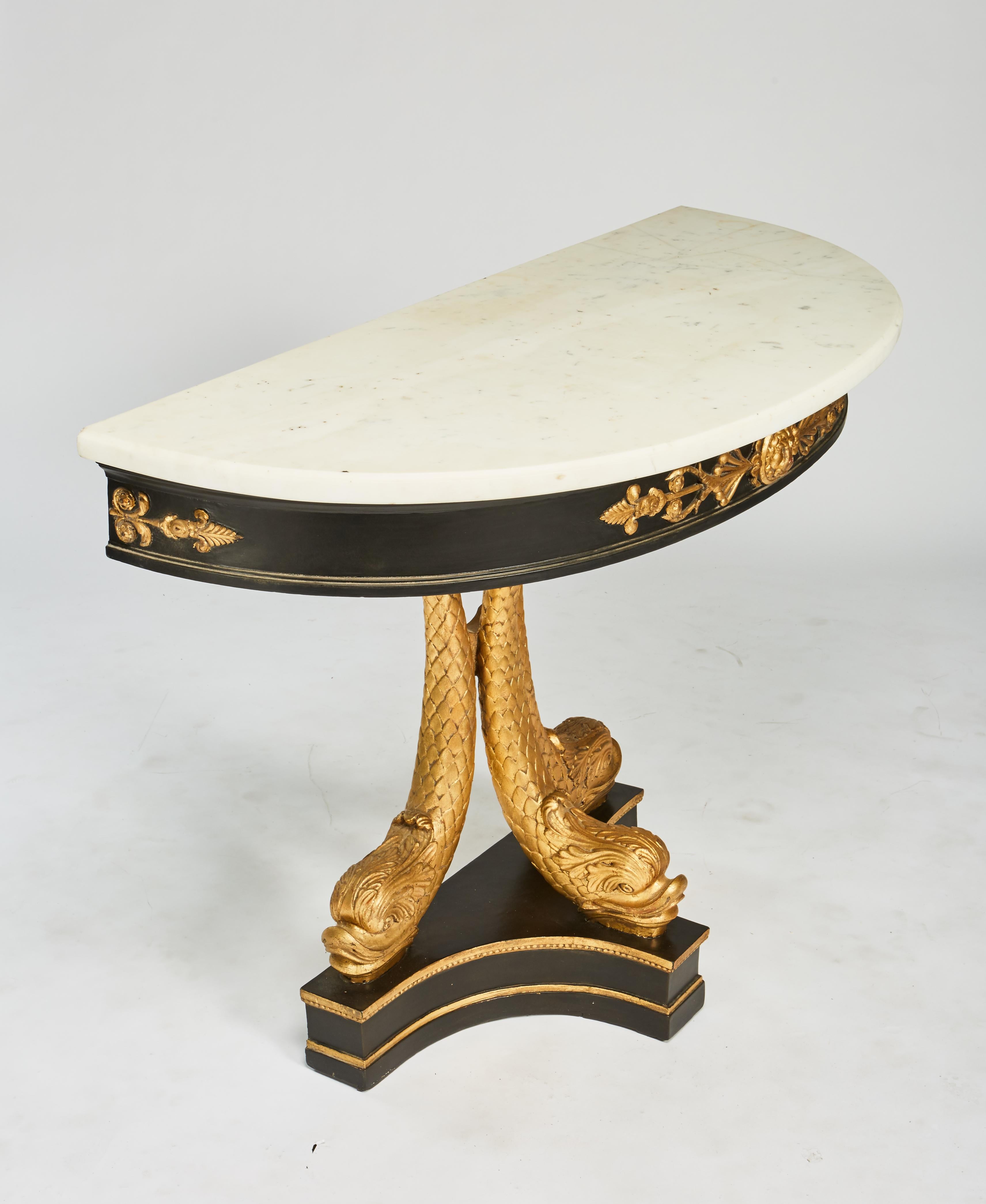 19th Century European Neoclassical Ebonized & Giltwood Carved Console with 3 Dolphin Supports