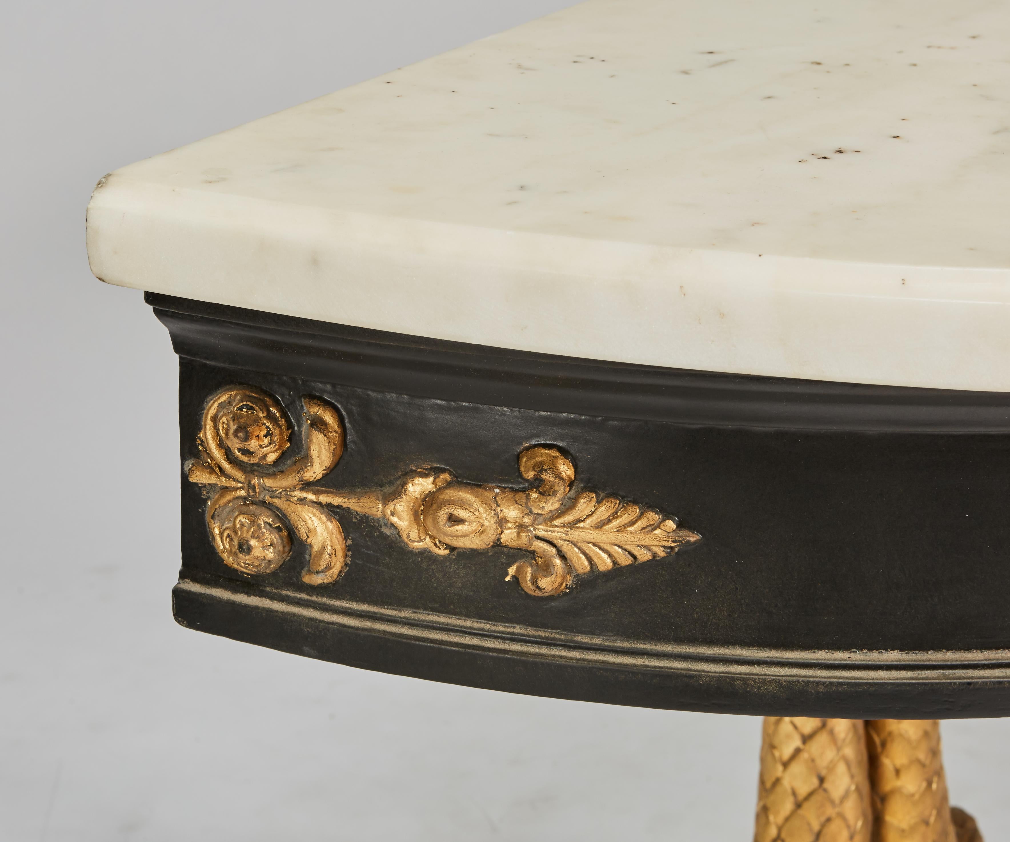 European Neoclassical Ebonized & Giltwood Carved Console with 3 Dolphin Supports 1