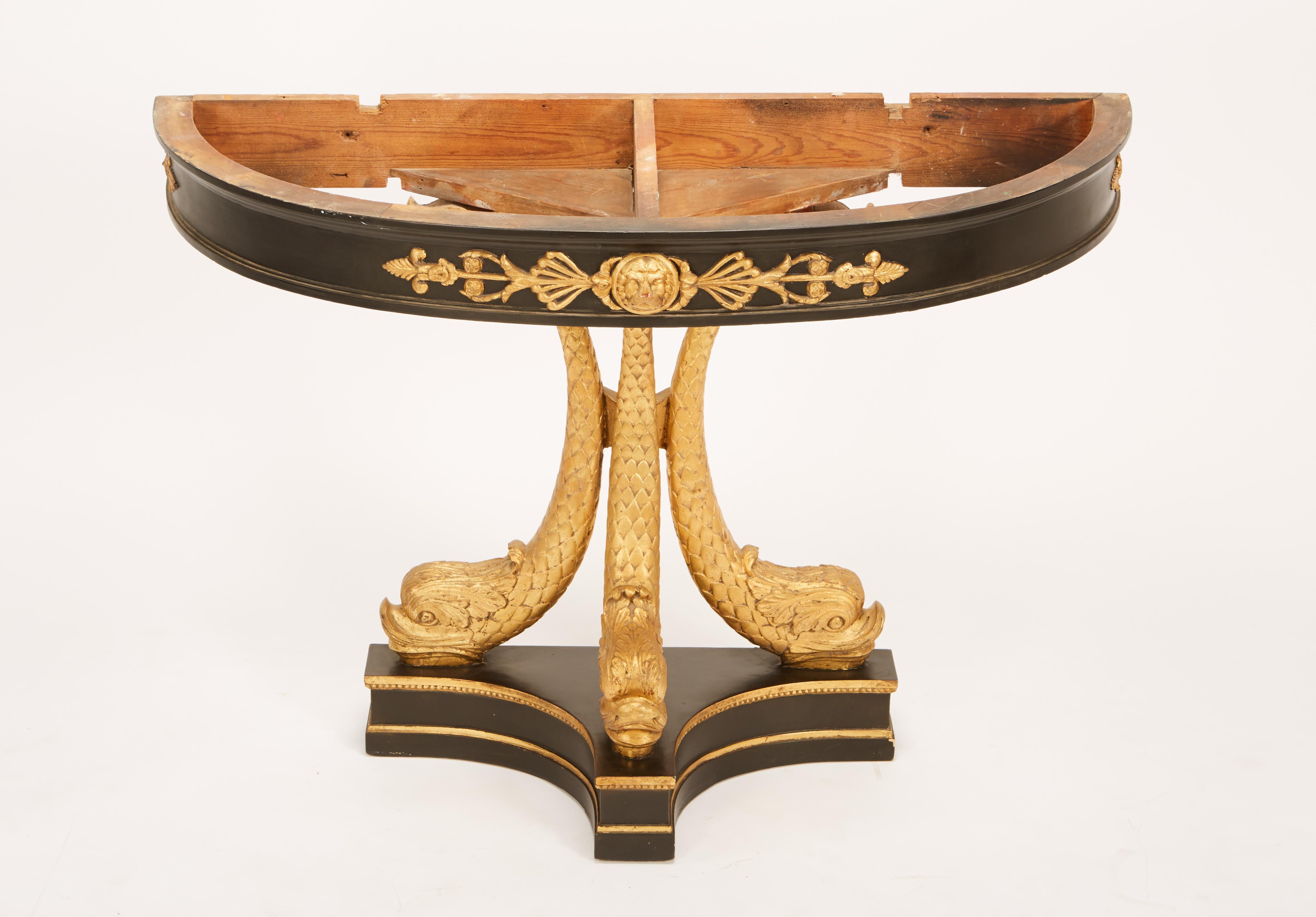 European Neoclassical Ebonized & Giltwood Carved Console with 3 Dolphin Supports 2