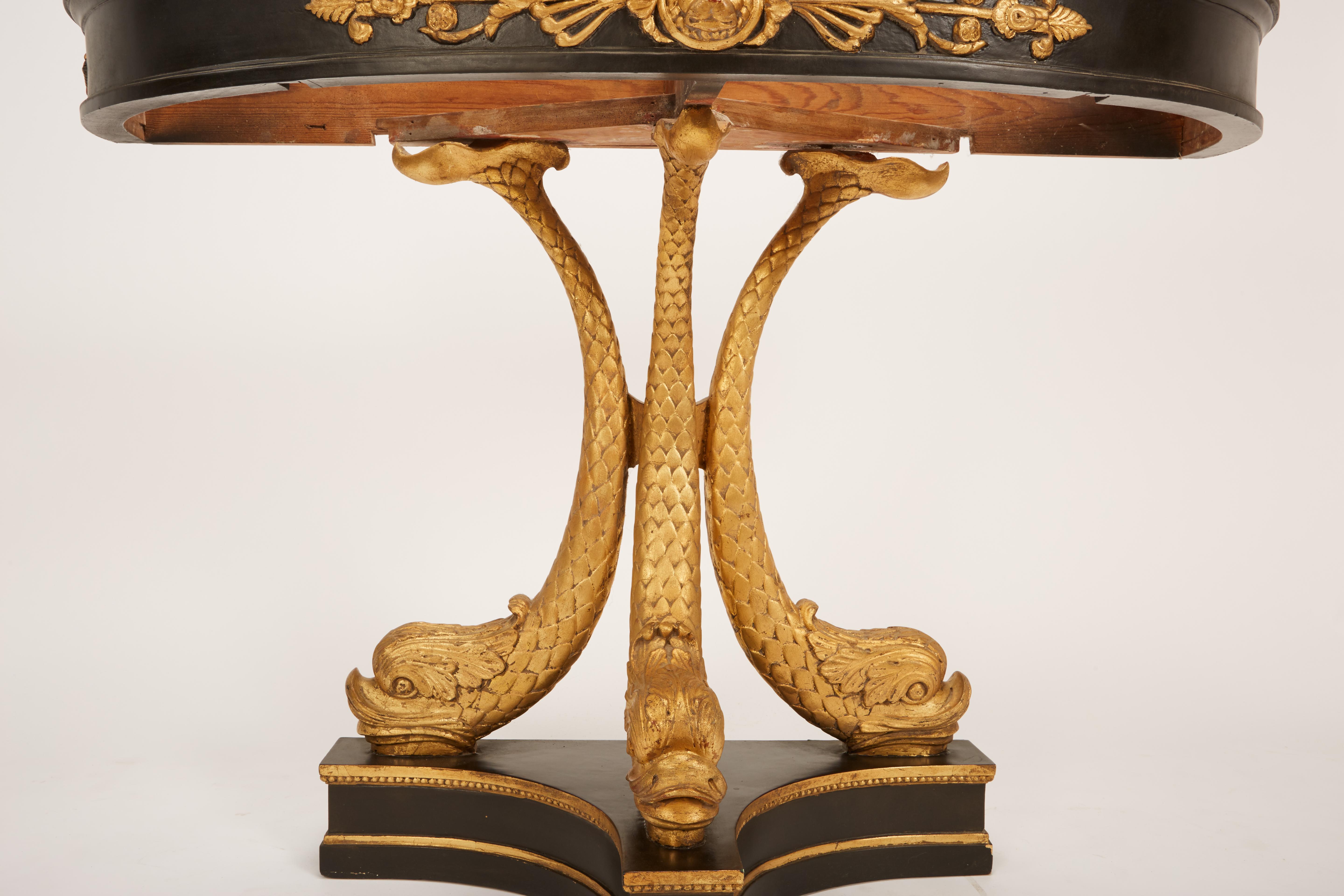 European Neoclassical Ebonized & Giltwood Carved Console with 3 Dolphin Supports 3