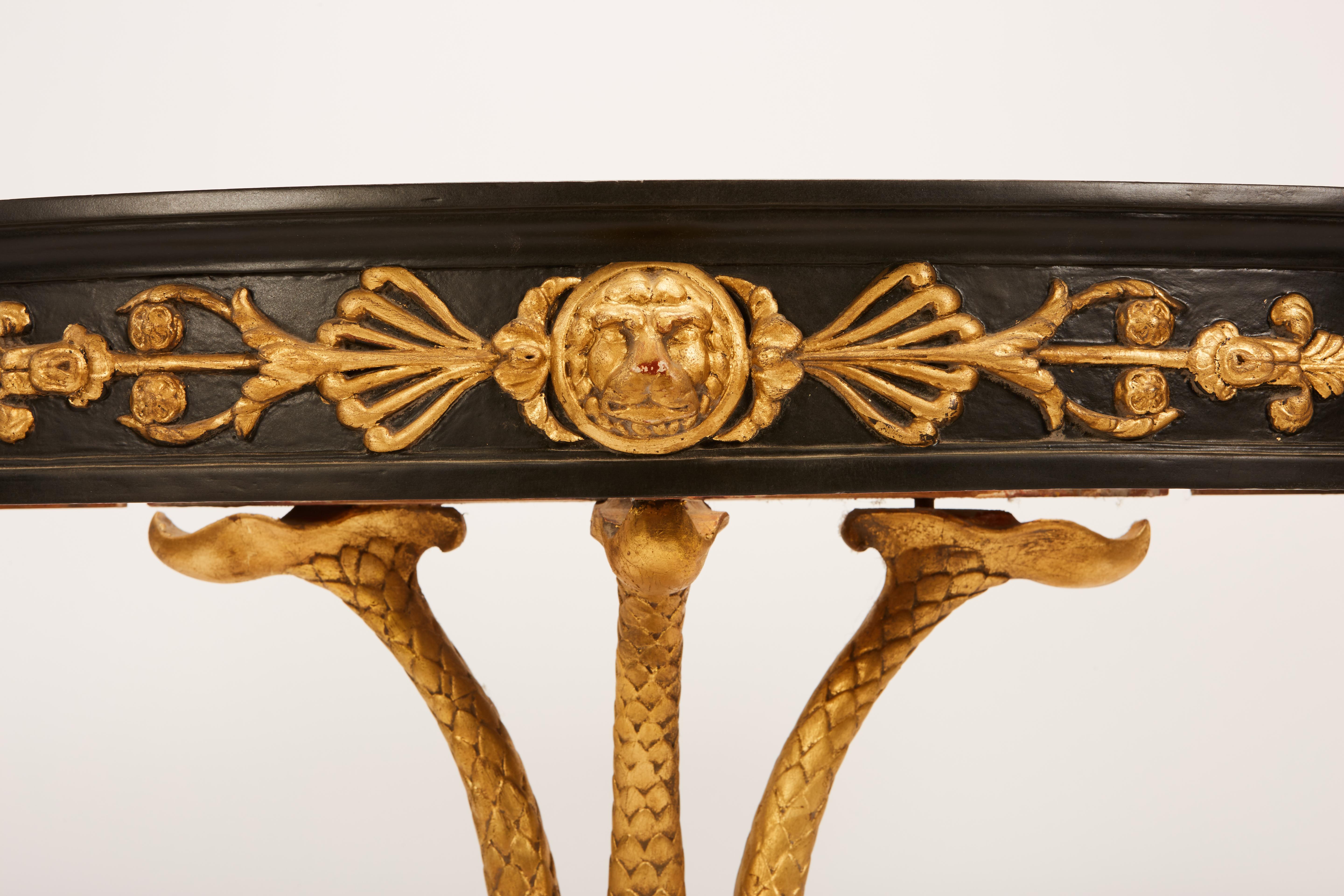 European Neoclassical Ebonized & Giltwood Carved Console with 3 Dolphin Supports 4