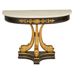 European Neoclassical Ebonized & Giltwood Carved Console with 3 Dolphin Supports