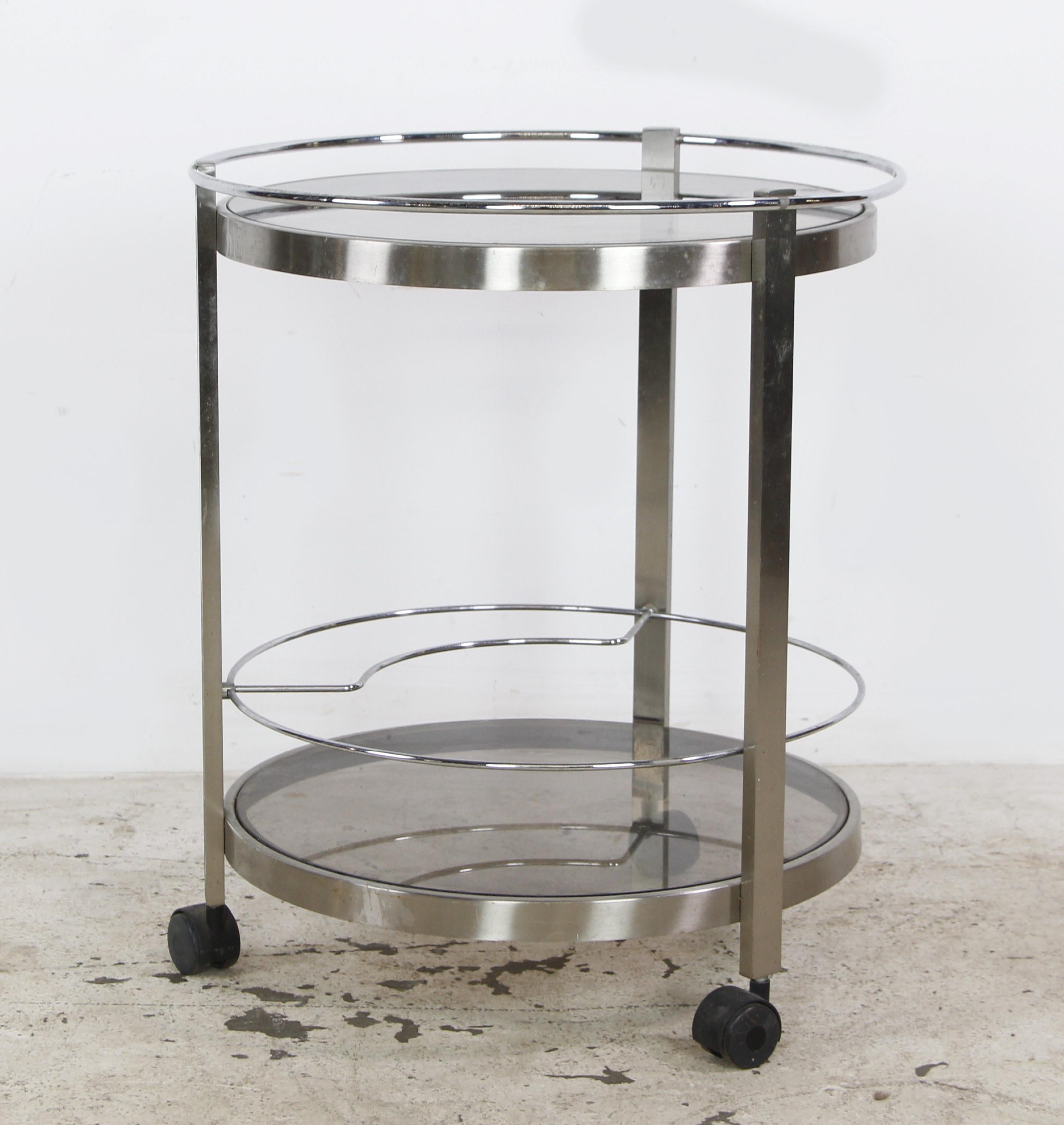 Mid-Century Modern European Nickeled Steel Round Tinted Glass Bar Cart For Sale